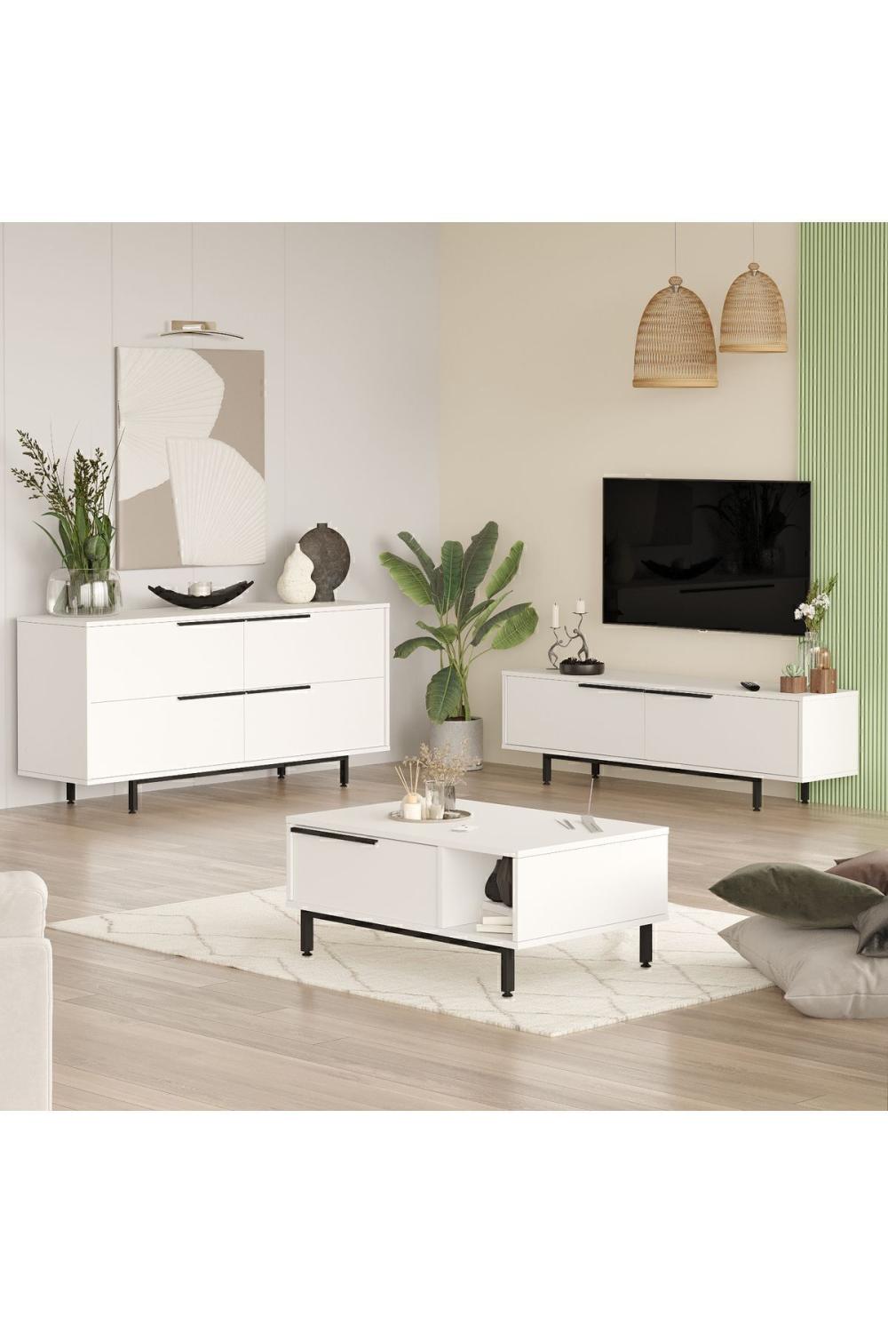 Bohème Meuble TV Table basse Konsol 3'Lü Ensemble Blanc BOH20-W