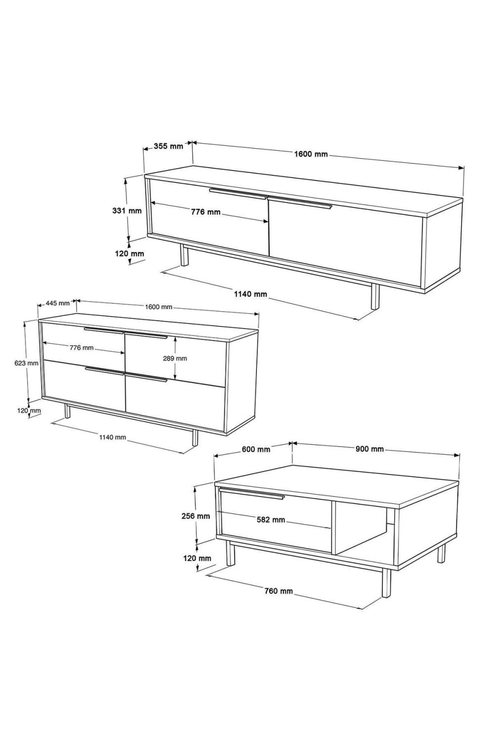 Bohème Meuble TV Table basse Konsol 3'Lü Ensemble Blanc BOH20-W