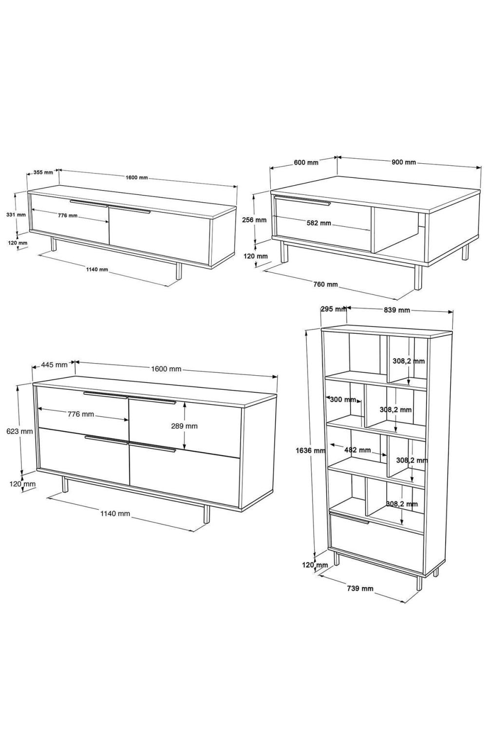 Bohème Meuble TV Table basse Konsol Bibliothèque 4'lü Ensemble Panier BOH21-S