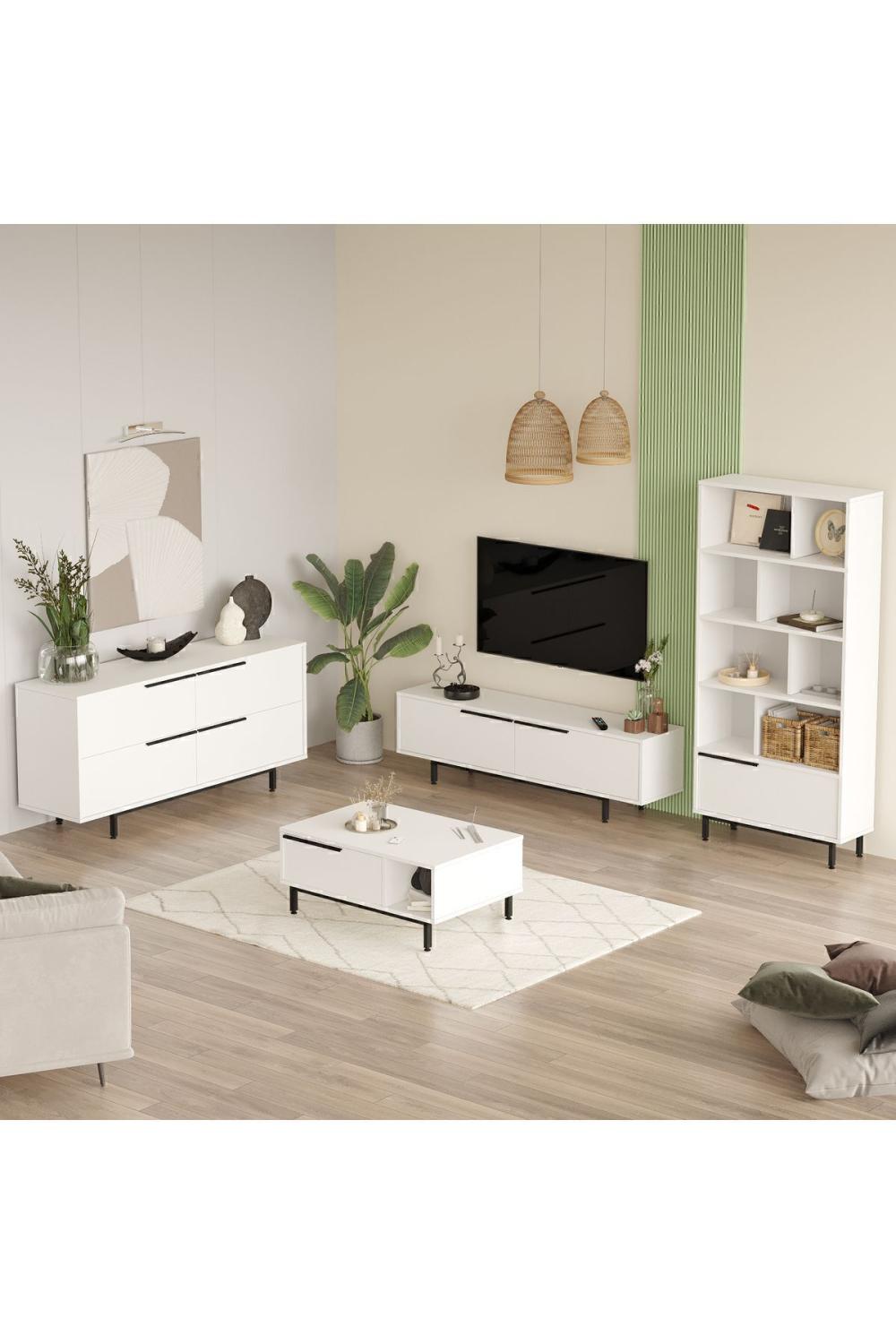 Bohème Meuble TV Table basse Konsol Bibliothèque 4'lü Ensemble Blanc BOH21-W
