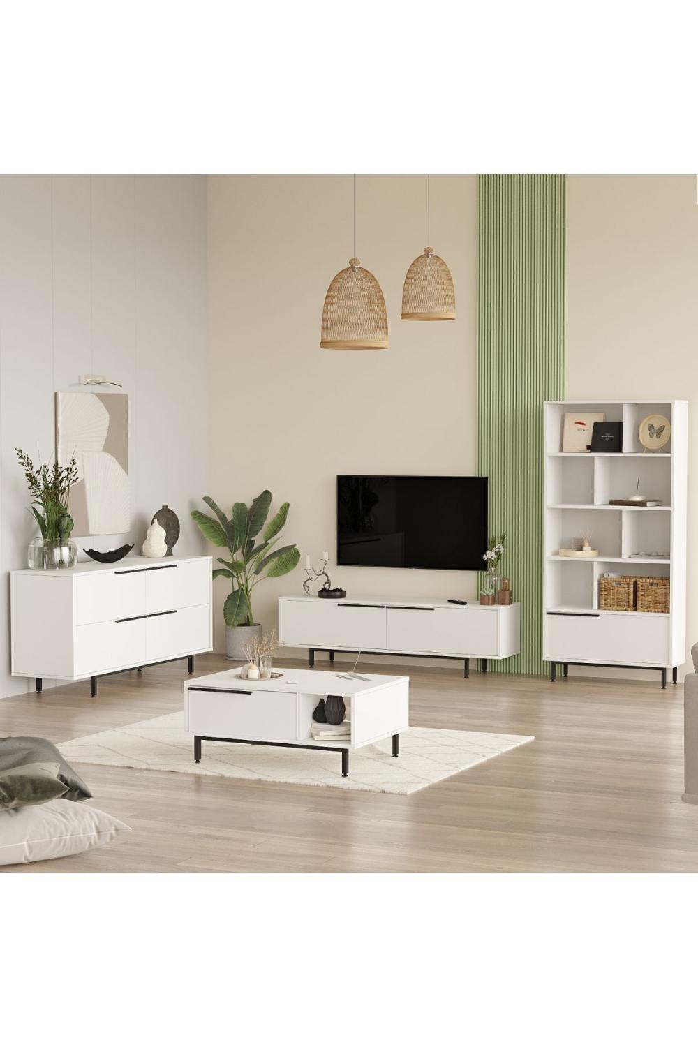 Bohème Meuble TV Table basse Konsol Bibliothèque 4'lü Ensemble Blanc BOH21-W