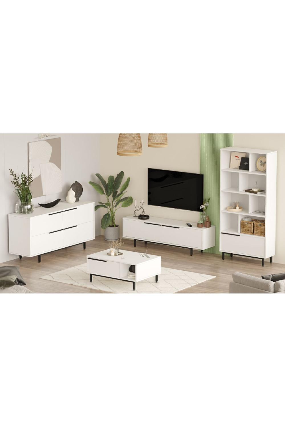 Bohème Meuble TV Table basse Konsol Bibliothèque 4'lü Ensemble Blanc BOH21-W