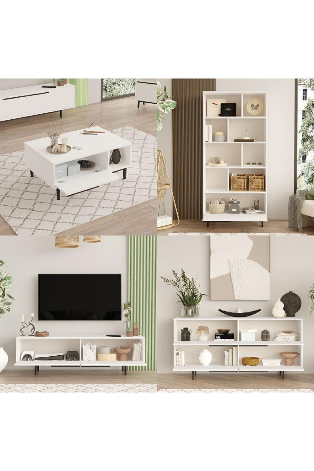 Bohème Meuble TV Table basse Konsol Bibliothèque 4'lü Ensemble Blanc BOH21-W