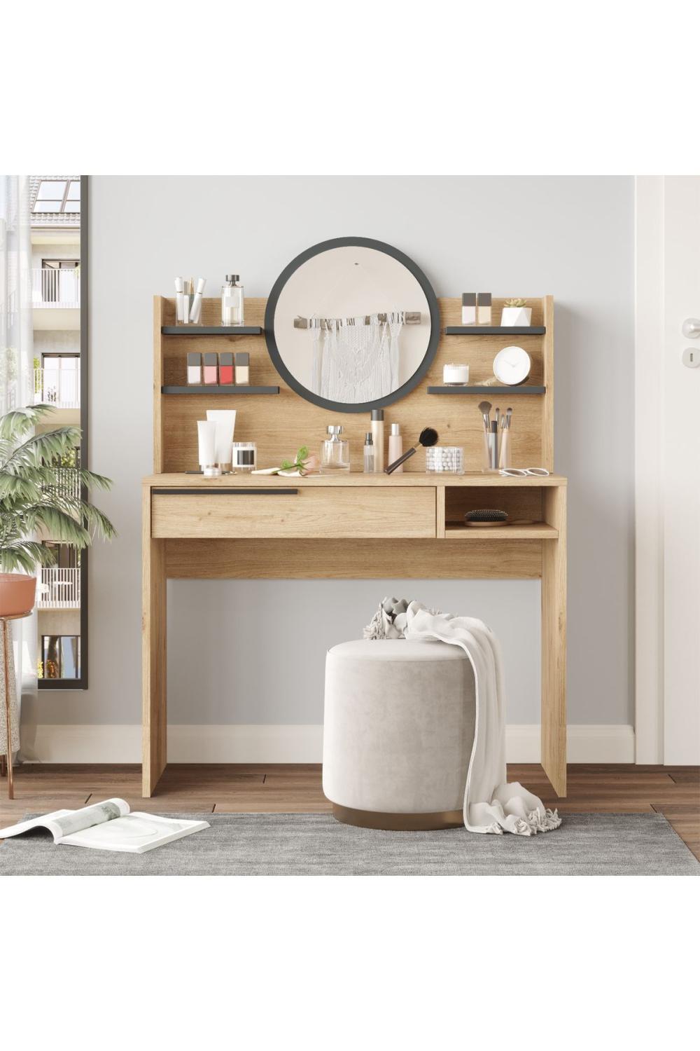Bohème Makyaj Table 100cm Avec miroir À étagères Avec tiroirs Panier-Anthracite BOH28-SA