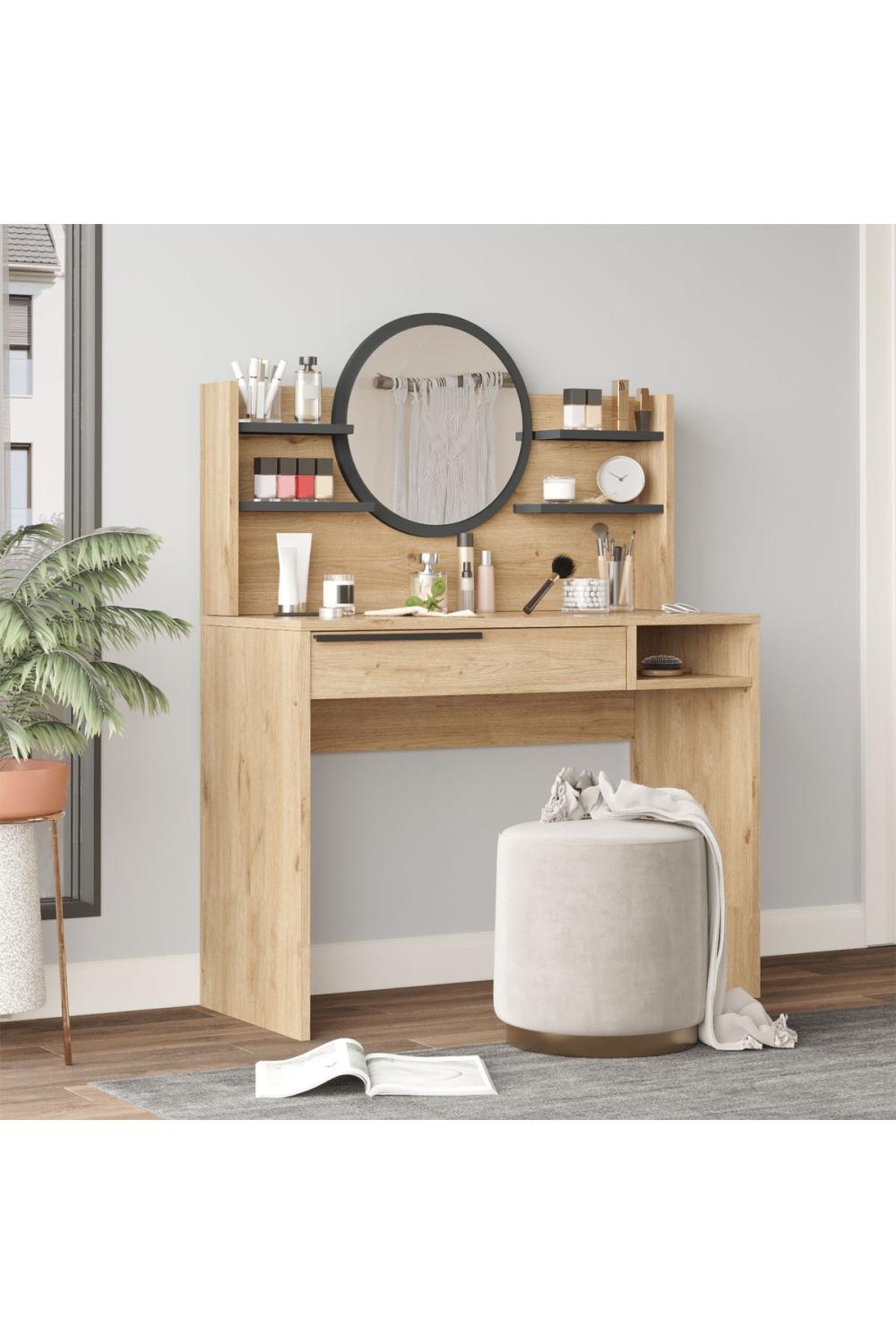 Bohème Makyaj Table 100cm Avec miroir À étagères Avec tiroirs Panier-Anthracite BOH28-SA