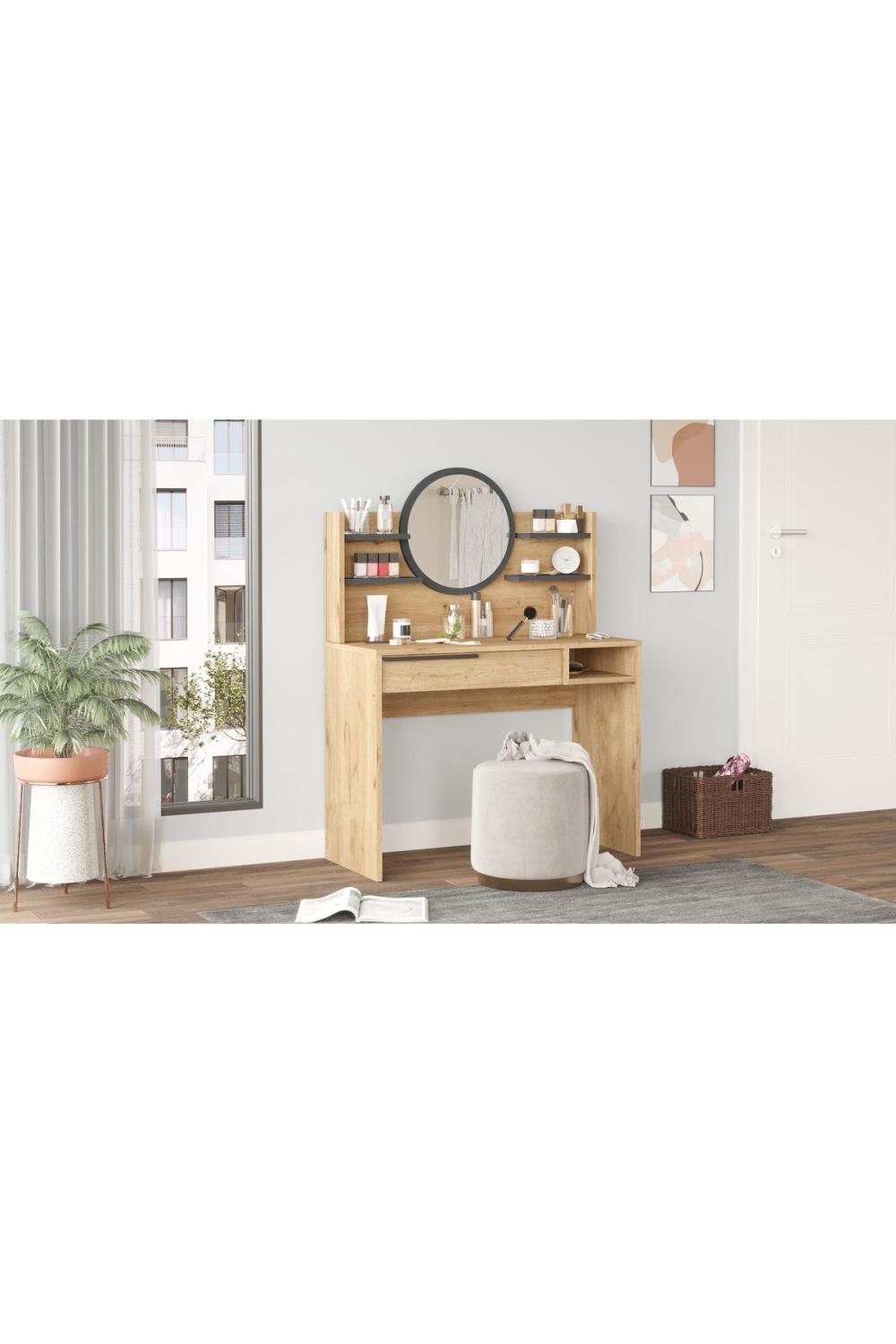 Bohème Makyaj Table 100cm Avec miroir À étagères Avec tiroirs Panier-Anthracite BOH28-SA