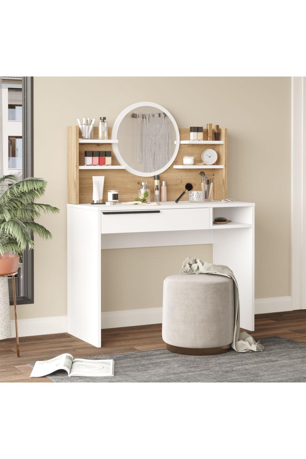 Bohème Makyaj Table 100cm Avec miroir À étagères Avec tiroirs Panier-Blanc BOH28-SW