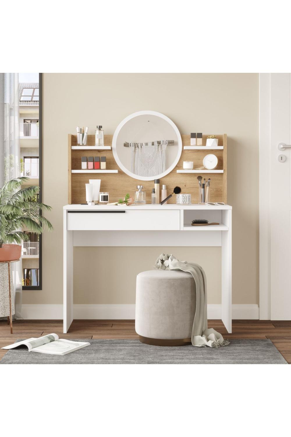 Bohème Makyaj Table 100cm Avec miroir À étagères Avec tiroirs Panier-Blanc BOH28-SW