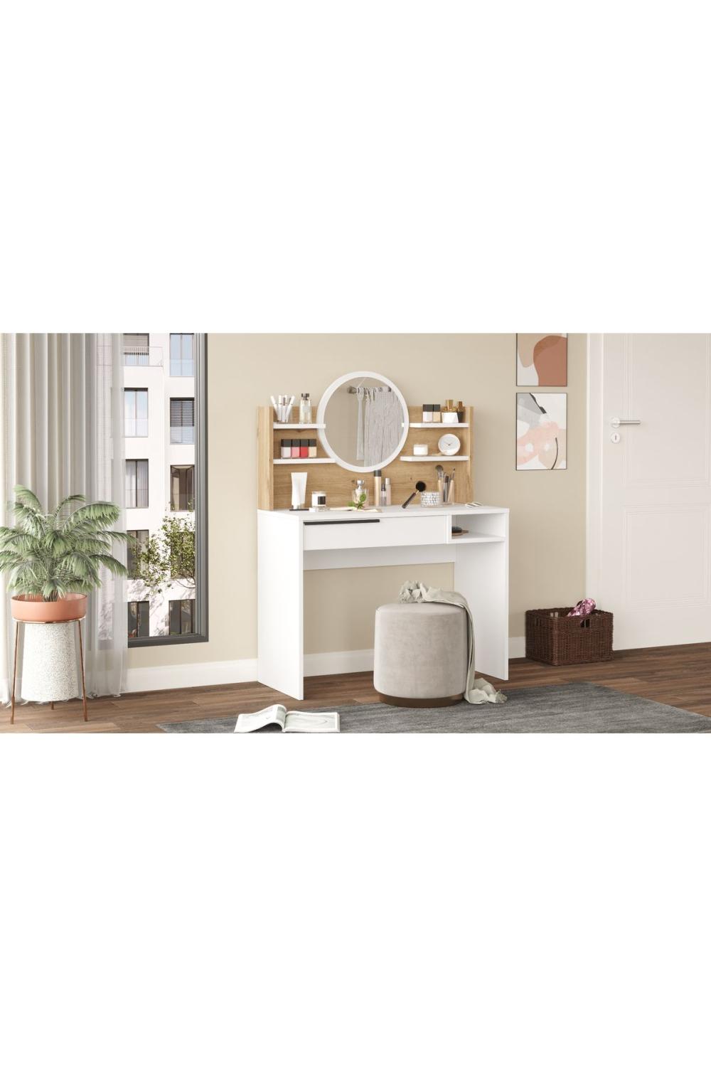 Bohème Makyaj Table 100cm Avec miroir À étagères Avec tiroirs Panier-Blanc BOH28-SW
