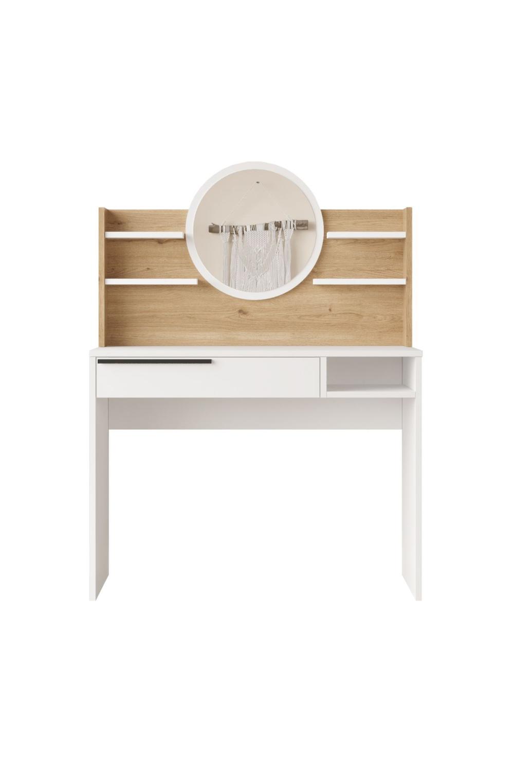 Bohème Makyaj Table 100cm Avec miroir À étagères Avec tiroirs Panier-Blanc BOH28-SW