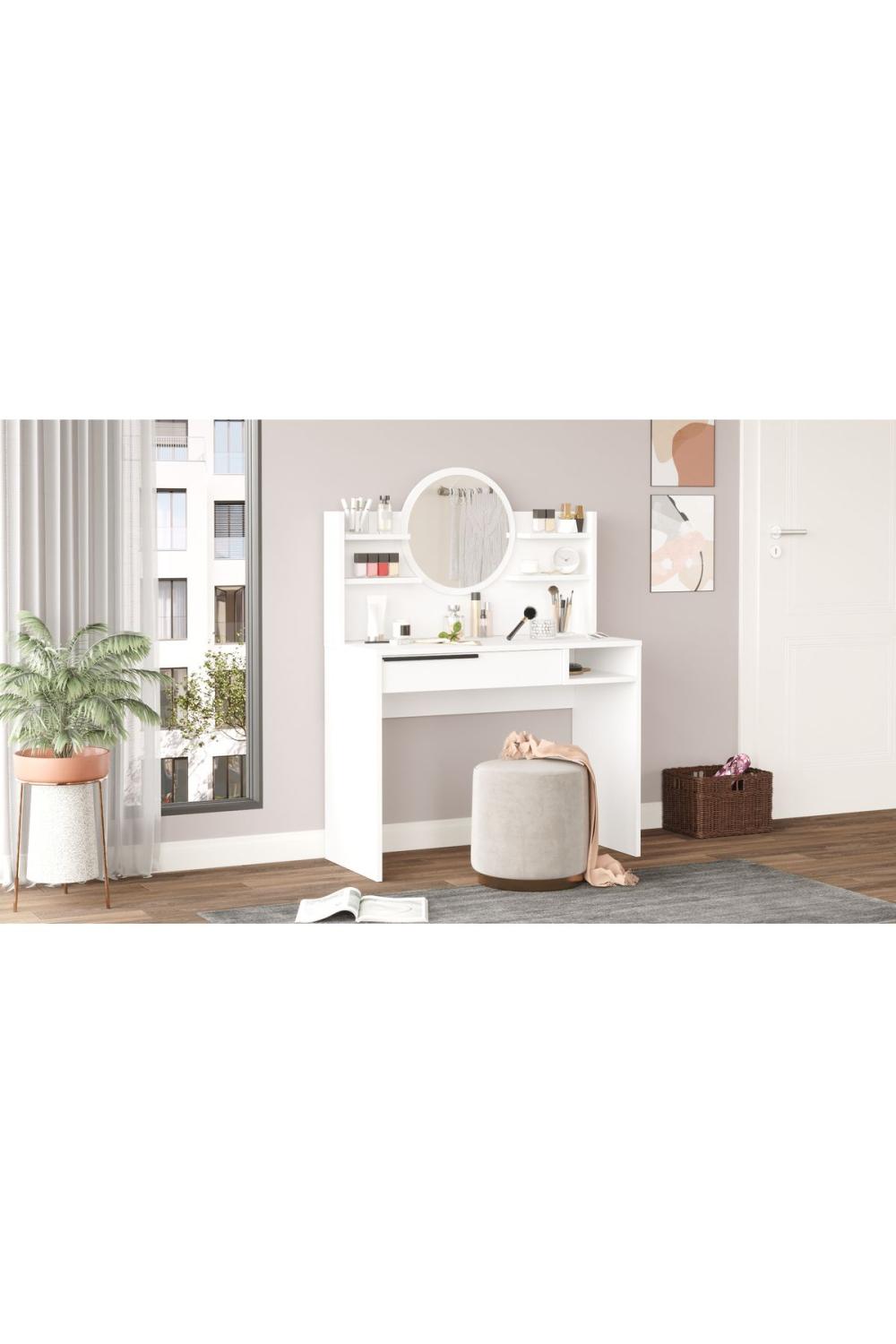 Bohème Makyaj Table 100cm Avec miroir À étagères Avec tiroirs Blanc BOH28-W