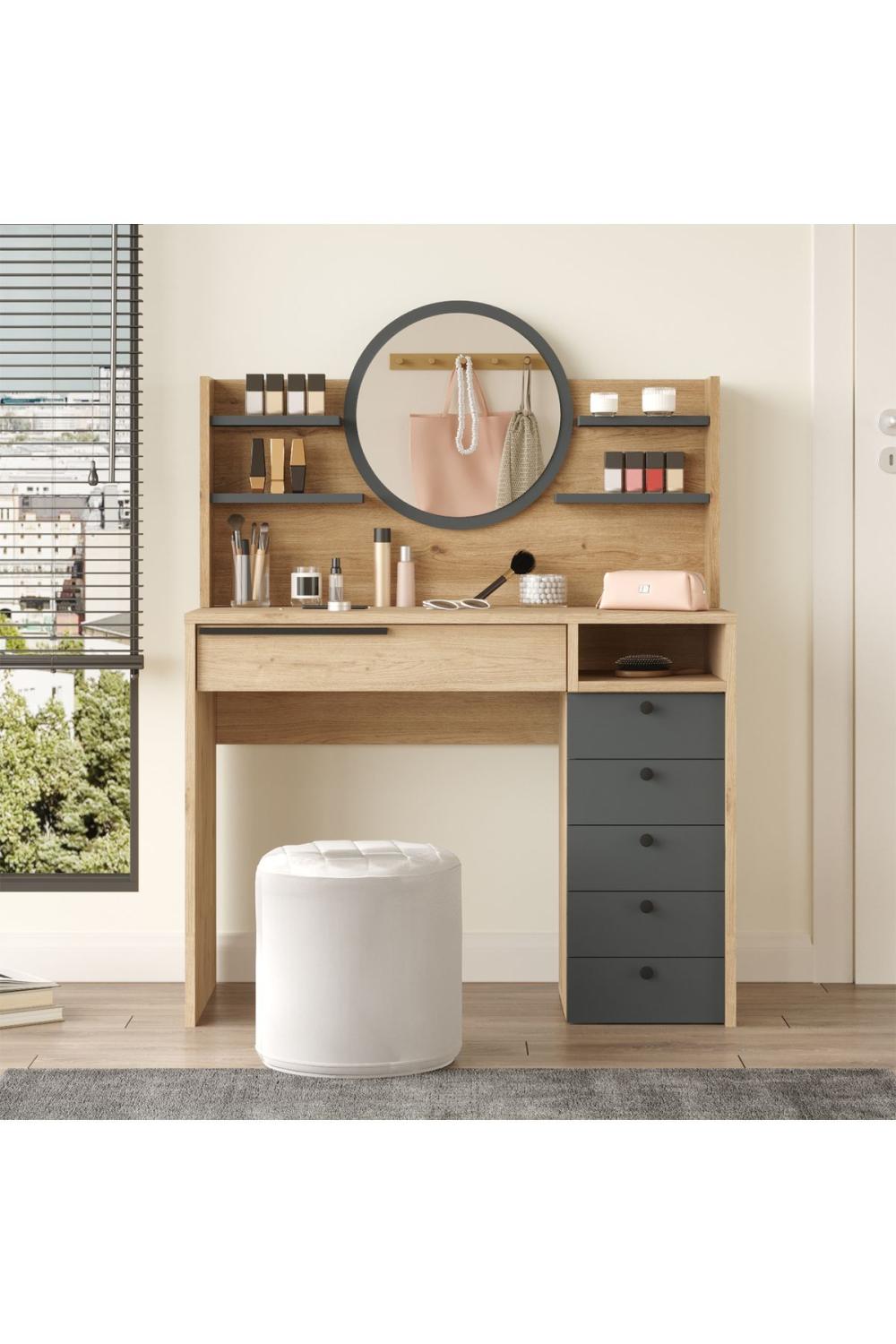 Bohème Makyaj Table 100cm Avec miroir Avec tiroirs Şifonyer Étagère Panier-Anthracite BOH30-SA