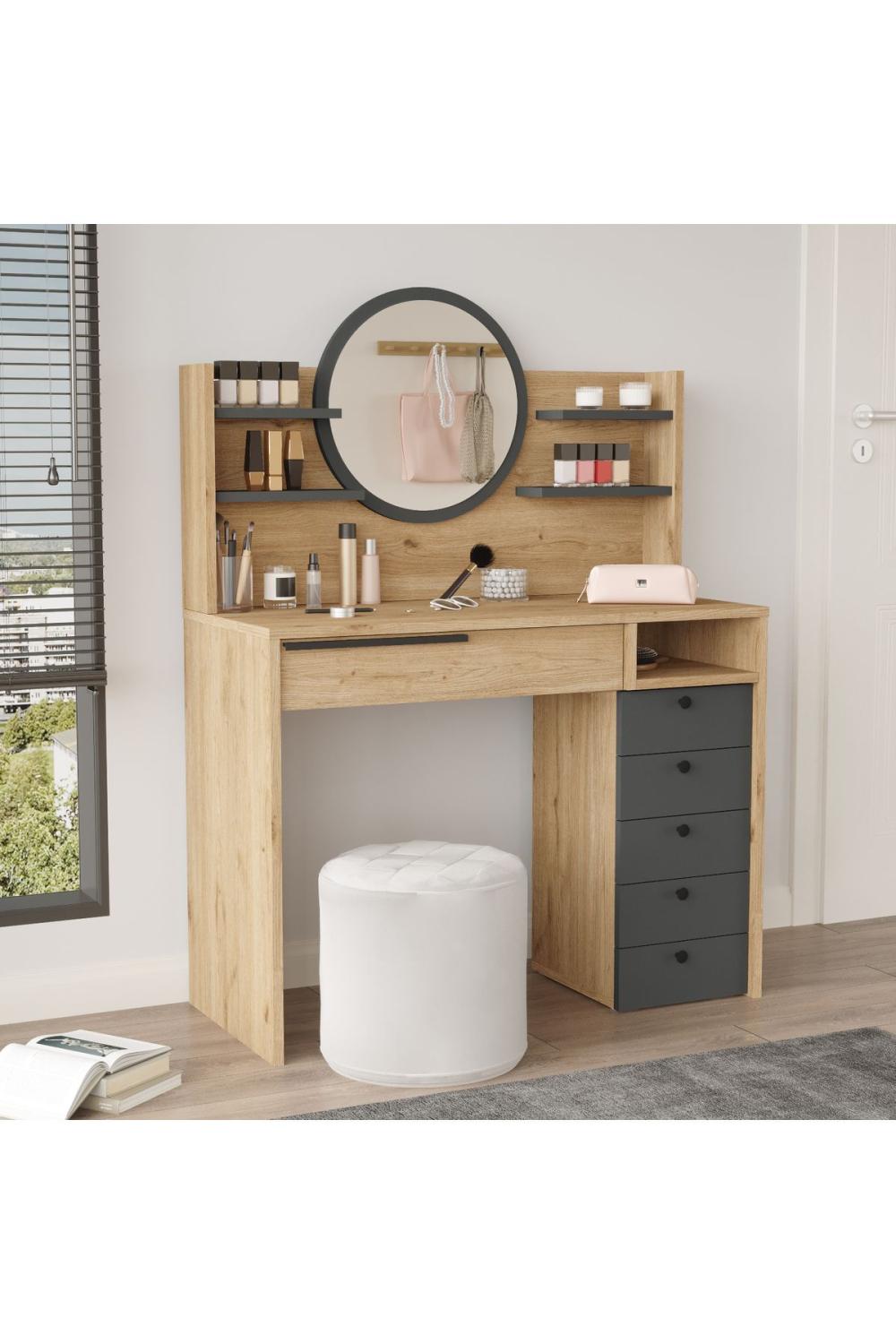Bohème Makyaj Table 100cm Avec miroir Avec tiroirs Şifonyer Étagère Panier-Anthracite BOH30-SA