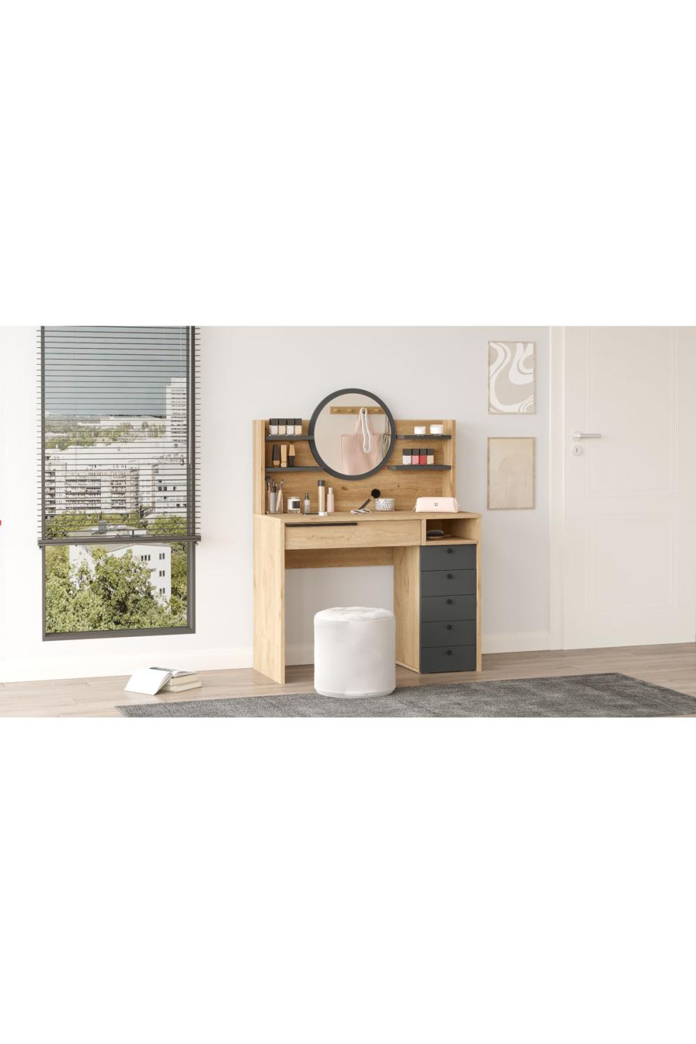 Bohème Makyaj Table 100cm Avec miroir Avec tiroirs Şifonyer Étagère Panier-Anthracite BOH30-SA