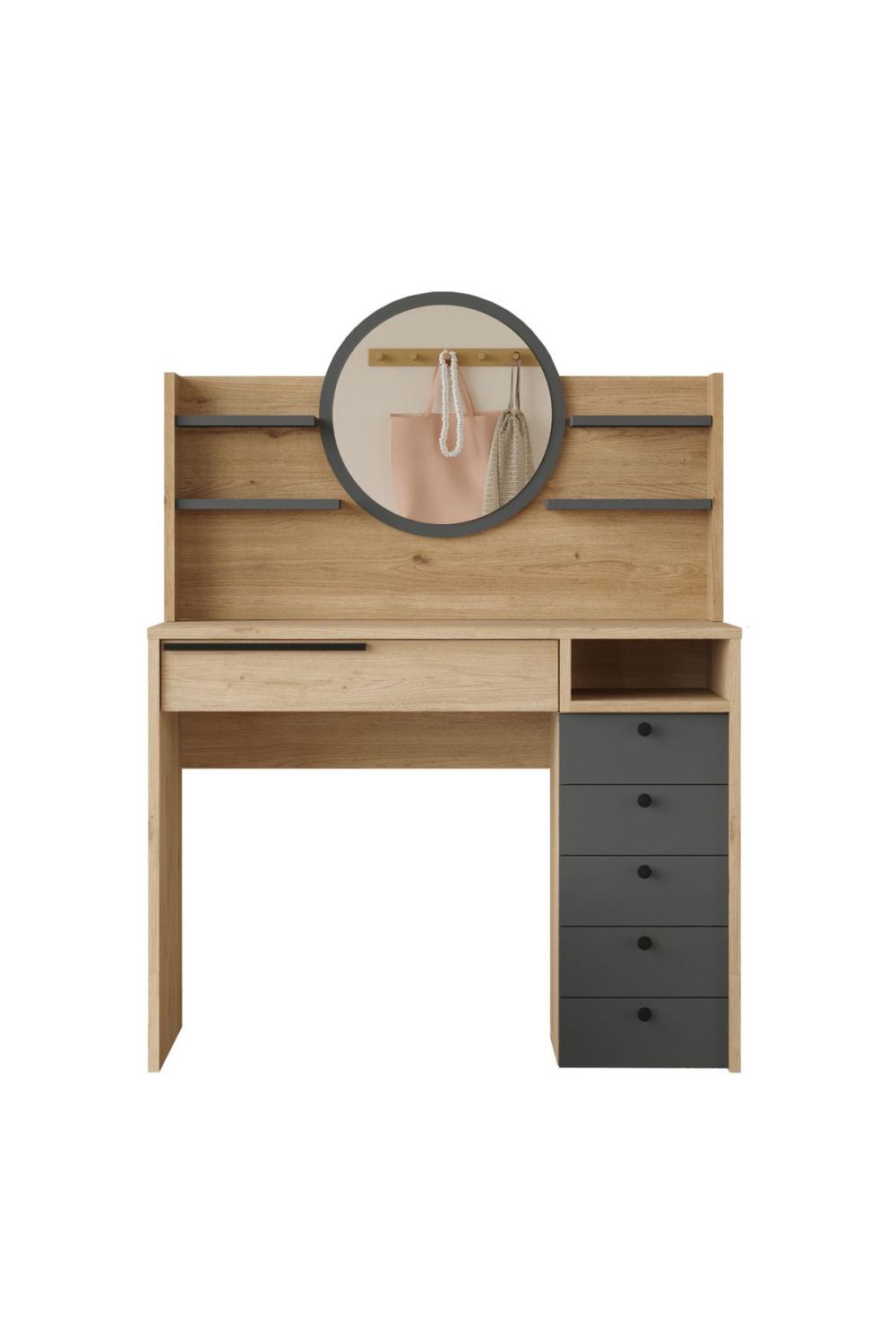 Bohème Makyaj Table 100cm Avec miroir Avec tiroirs Şifonyer Étagère Panier-Anthracite BOH30-SA