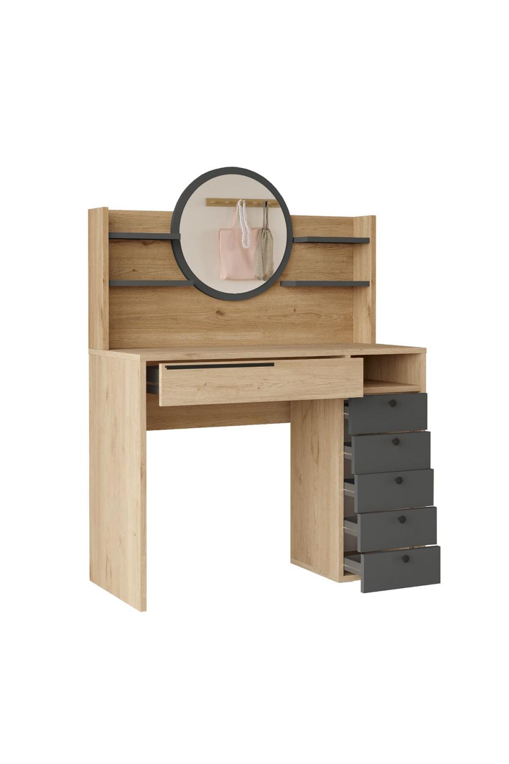 Bohème Makyaj Table 100cm Avec miroir Avec tiroirs Şifonyer Étagère Panier-Anthracite BOH30-SA