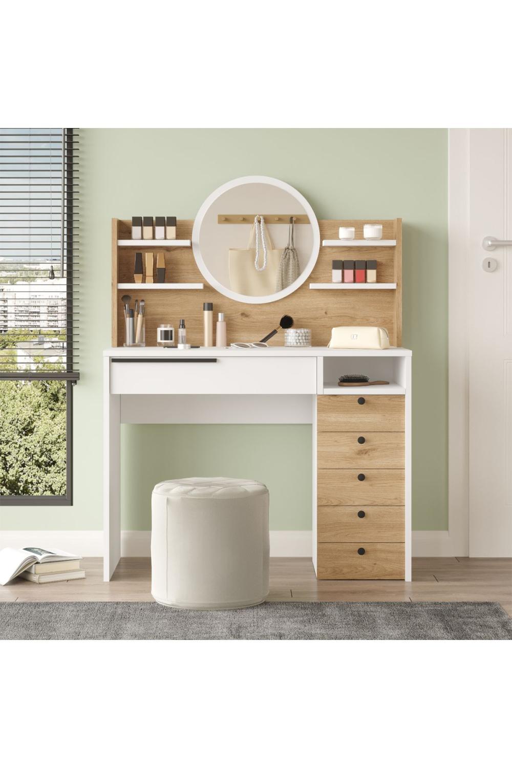 Coiffeuse Bohem 100 cm avec Miroir, Tiroirs et Étagères – Panier & Blanc BOH30-SW