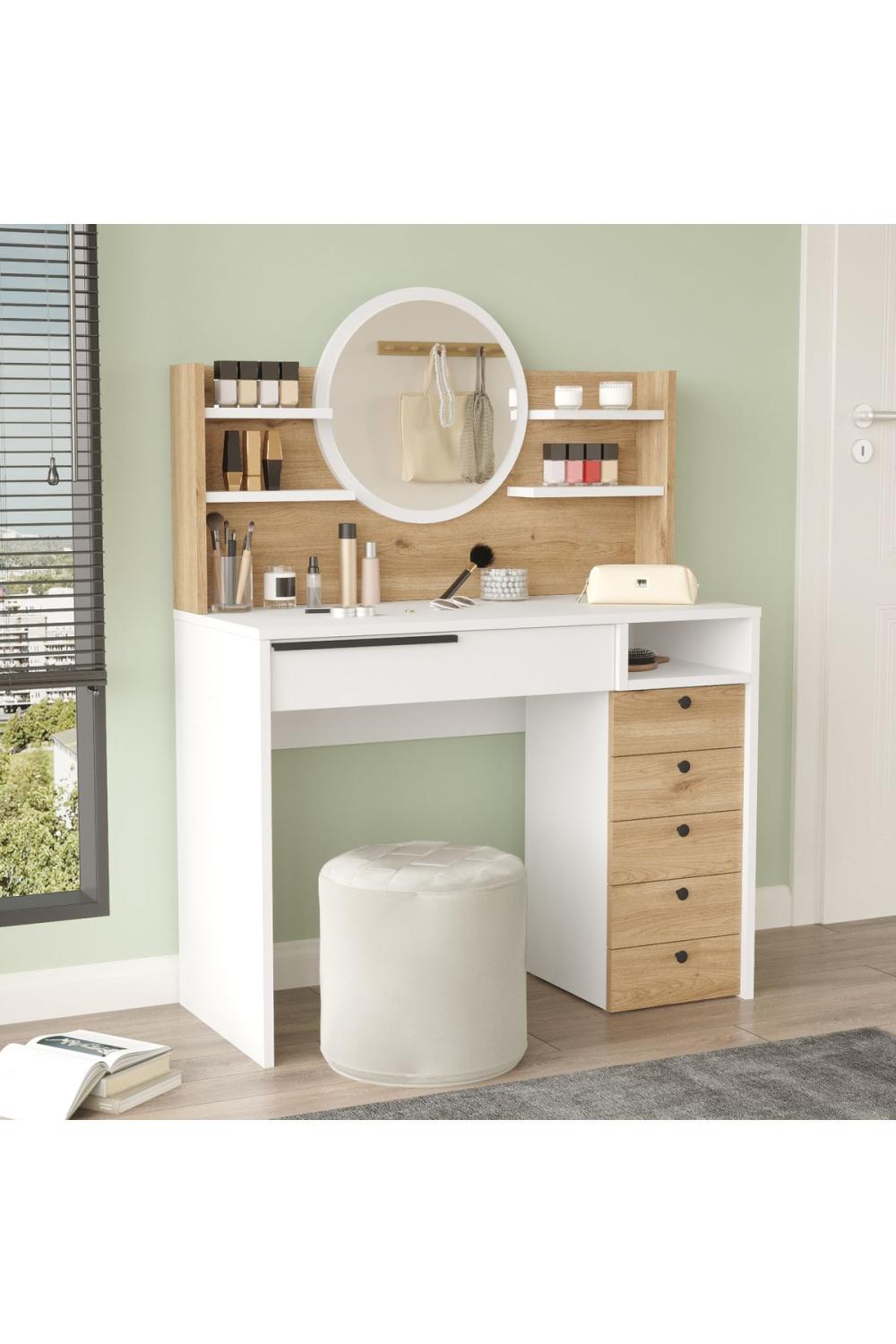 Coiffeuse Bohem 100 cm avec Miroir, Tiroirs et Étagères – Panier & Blanc BOH30-SW