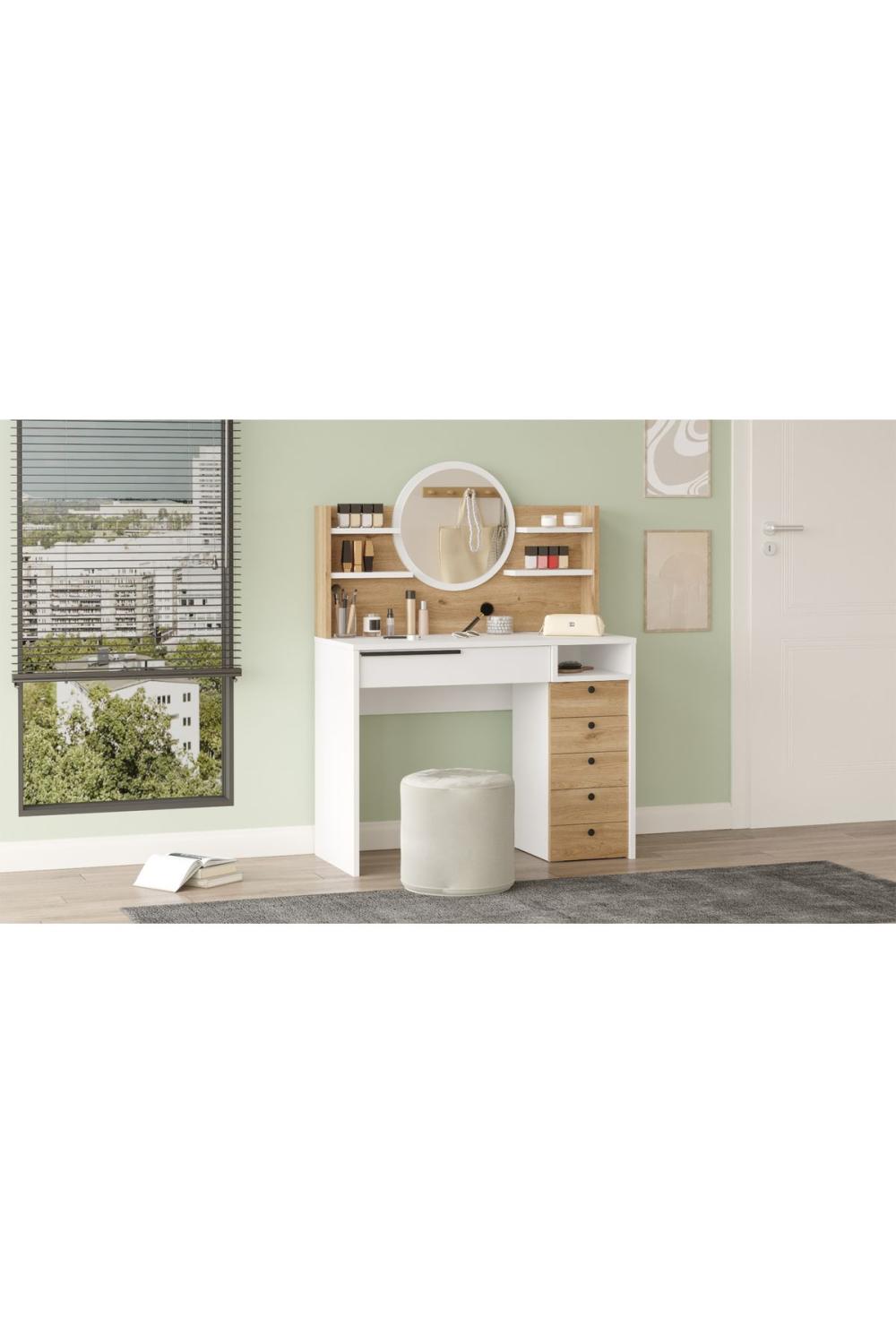 Coiffeuse Bohem 100 cm avec Miroir, Tiroirs et Étagères – Panier & Blanc BOH30-SW