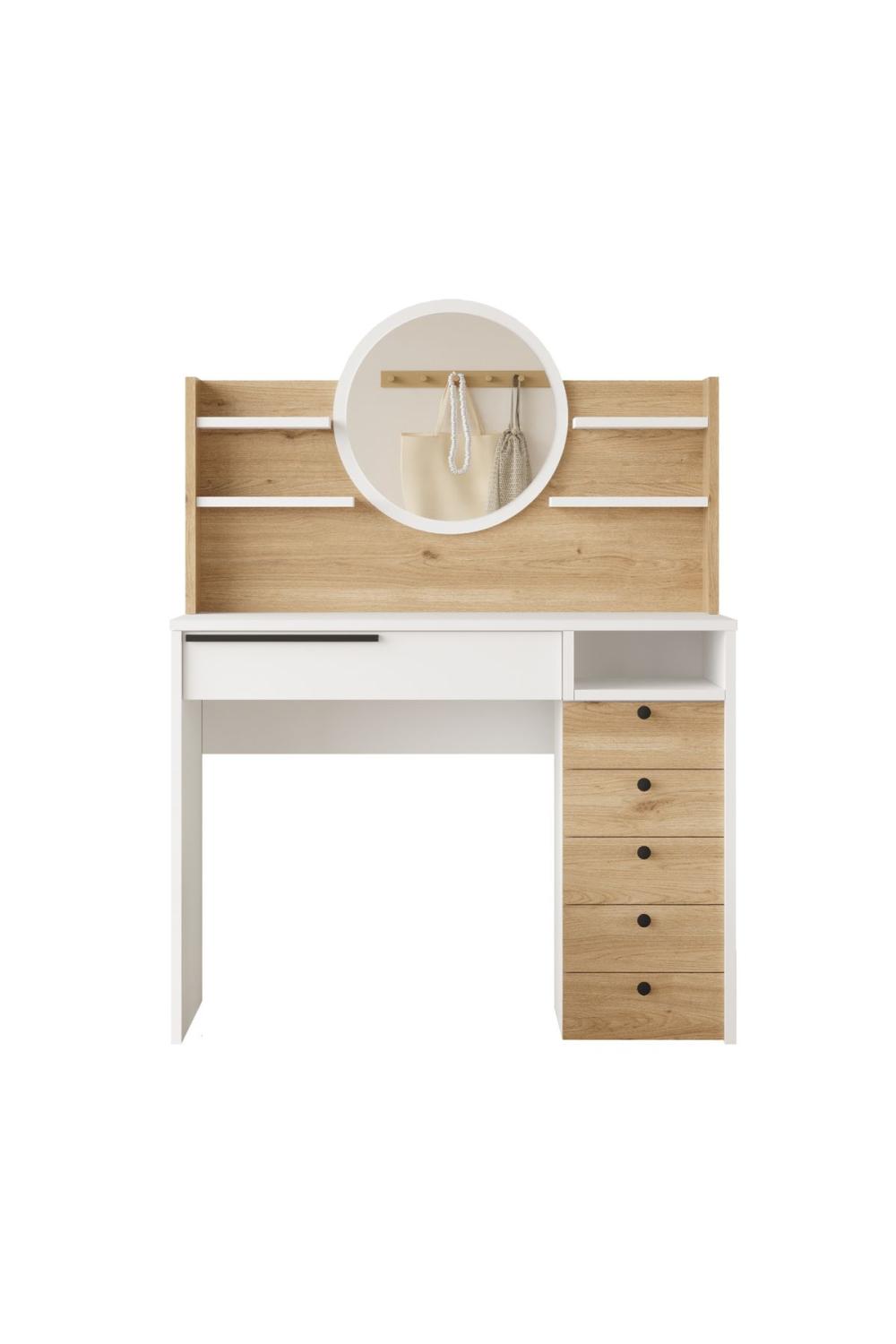 Coiffeuse Bohem 100 cm avec Miroir, Tiroirs et Étagères – Panier & Blanc BOH30-SW