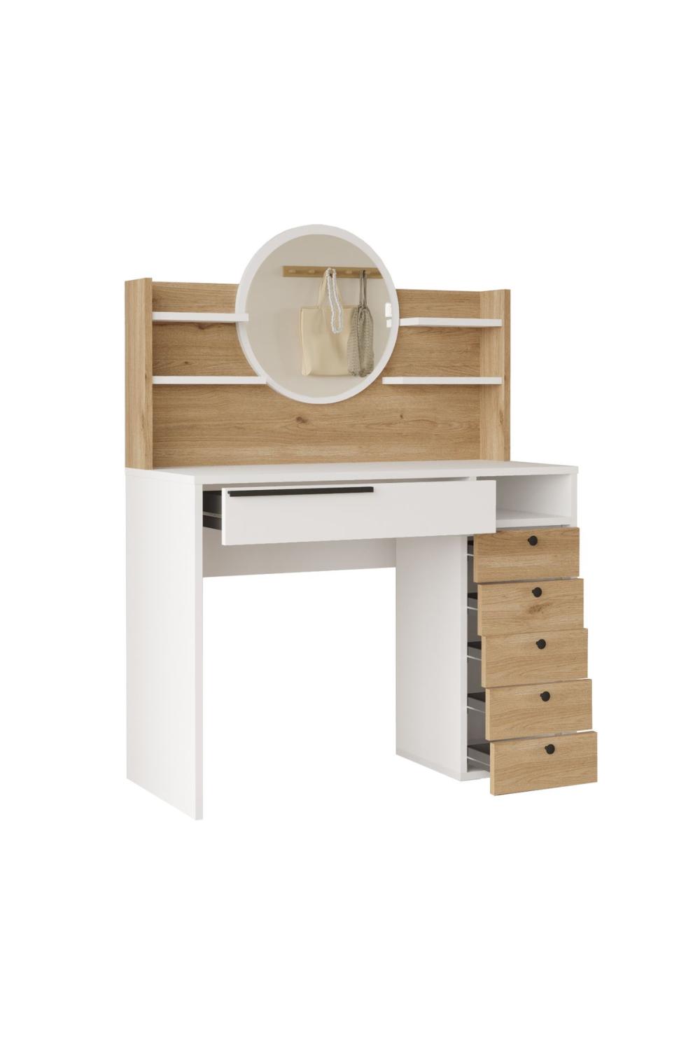 Coiffeuse Bohem 100 cm avec Miroir, Tiroirs et Étagères – Panier & Blanc BOH30-SW