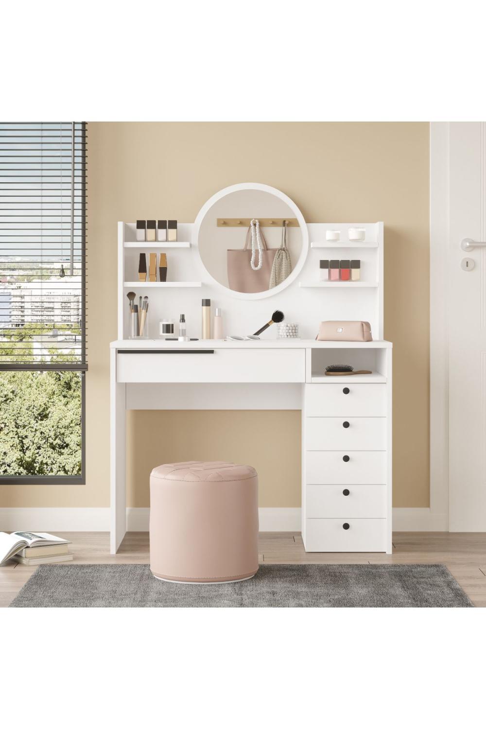 Bohème Makyaj Table 100cm Avec miroir Avec tiroirs Şifonyer Étagère Blanc BOH30-W
