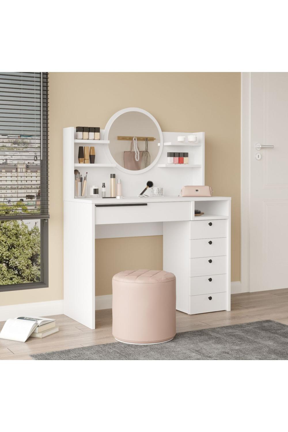 Bohème Makyaj Table 100cm Avec miroir Avec tiroirs Şifonyer Étagère Blanc BOH30-W