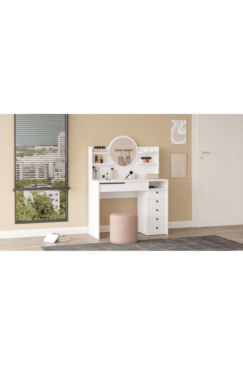 Bohème Makyaj Table 100cm Avec miroir Avec tiroirs Şifonyer Étagère Blanc BOH30-W