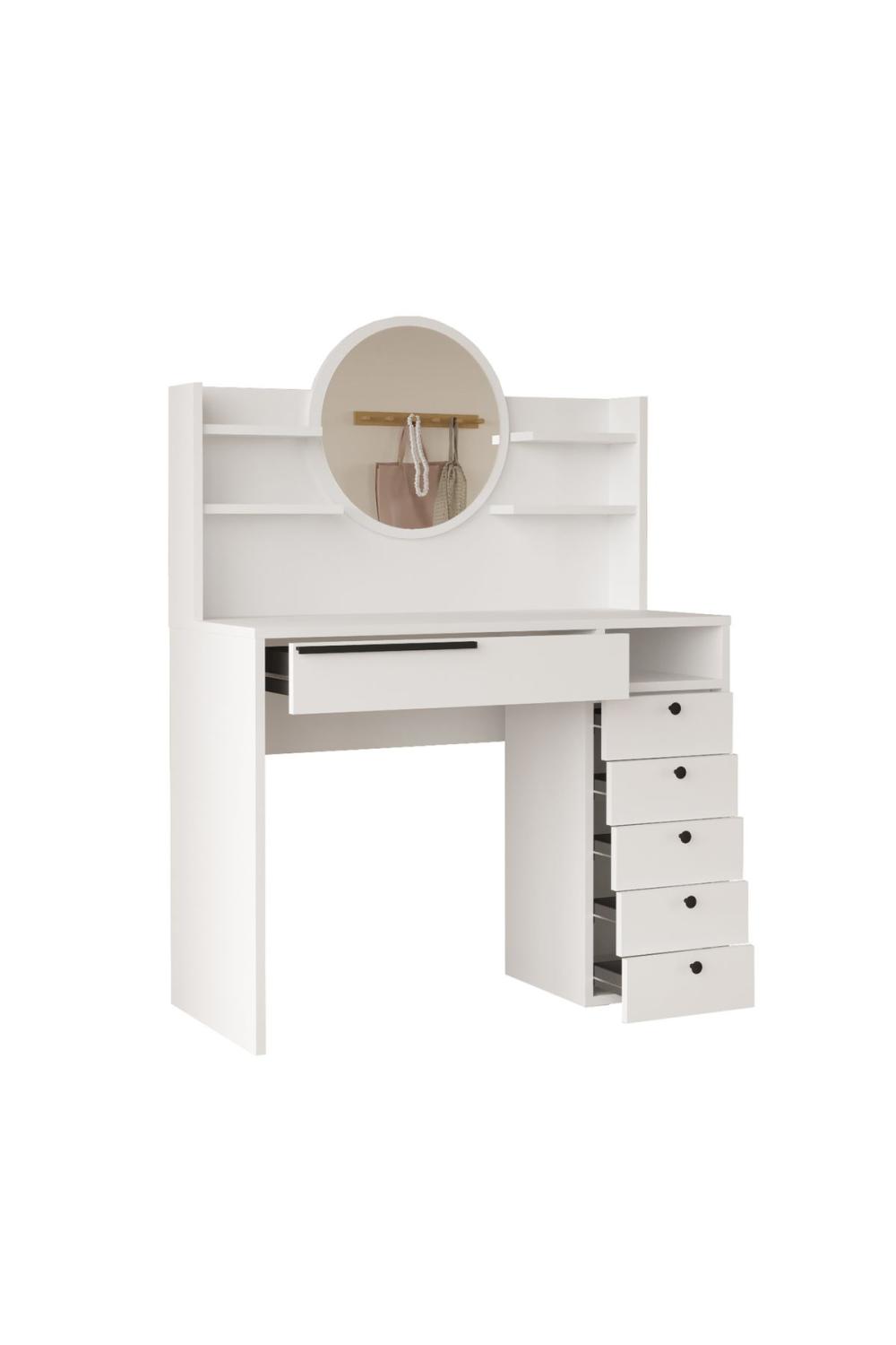Bohème Makyaj Table 100cm Avec miroir Avec tiroirs Şifonyer Étagère Blanc BOH30-W