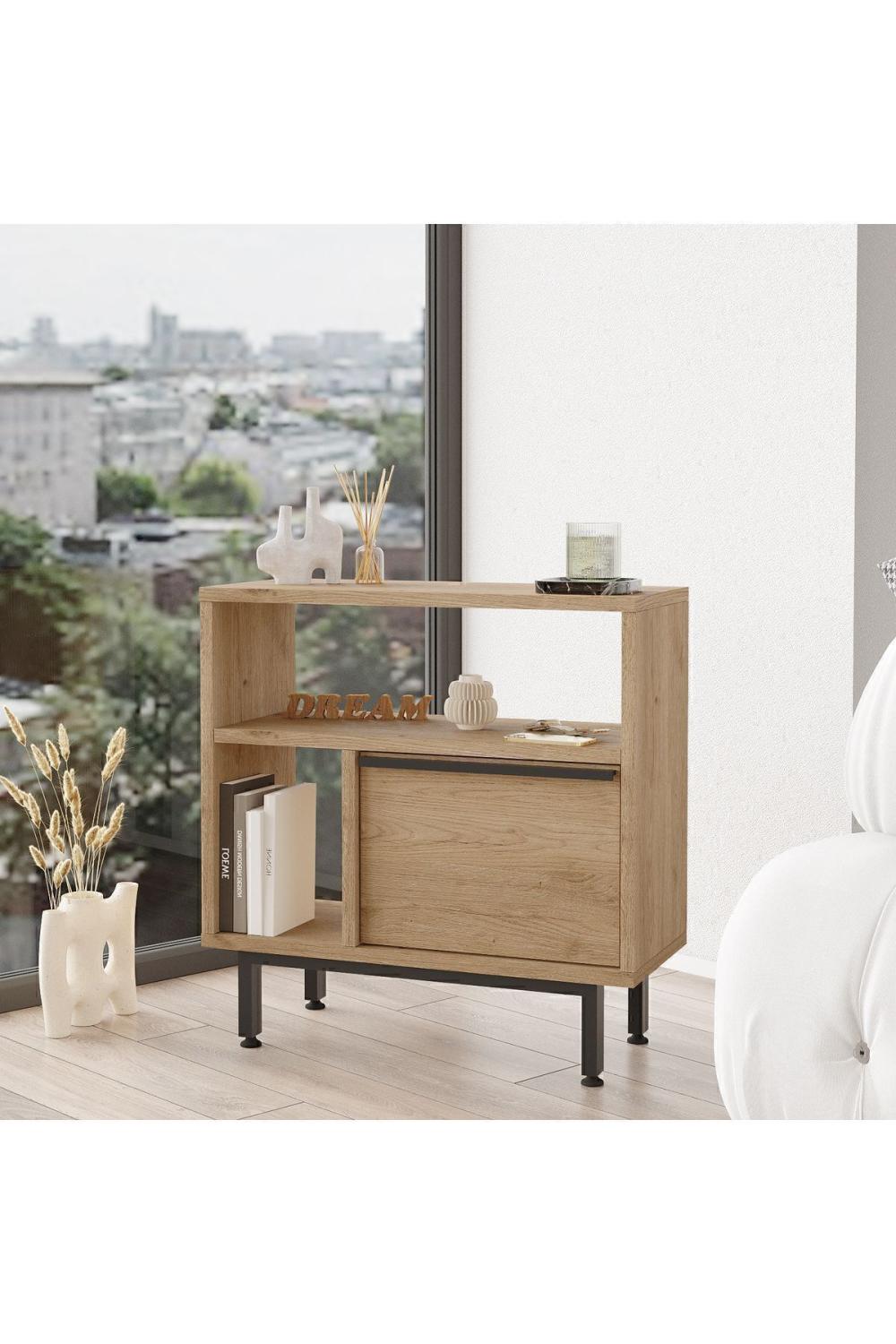 Table d’Appoint / Table de Chevet Bohem avec Porte, Pieds Métalliques – Finition Panier (Aspect Jute) BOH6-S