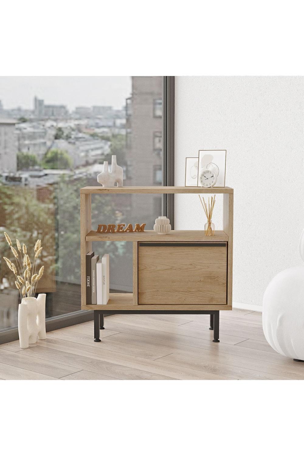Table d’Appoint / Table de Chevet Bohem avec Porte, Pieds Métalliques – Finition Panier (Aspect Jute) BOH6-S