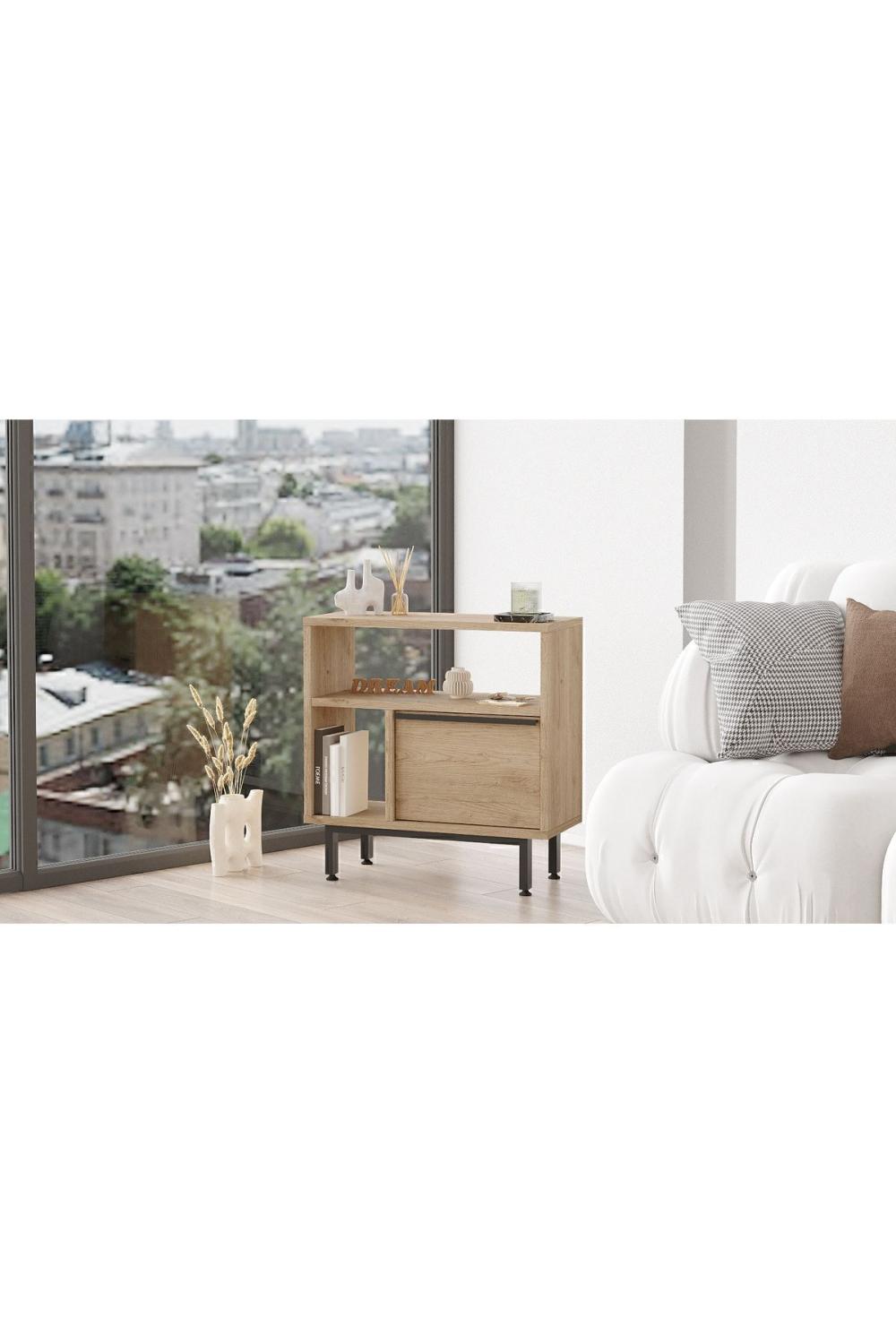 Table d’Appoint / Table de Chevet Bohem avec Porte, Pieds Métalliques – Finition Panier (Aspect Jute) BOH6-S