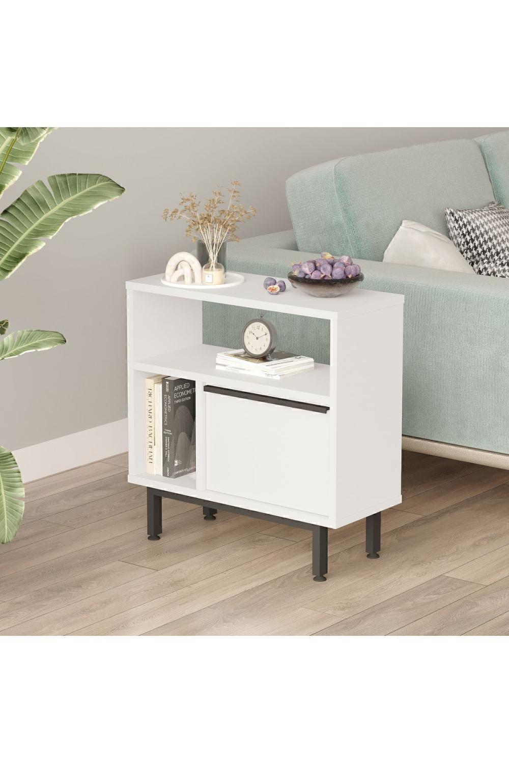 Table d’Appoint / Table de Chevet Bohem avec Porte, Pieds Métalliques – Blanc BOH6-W