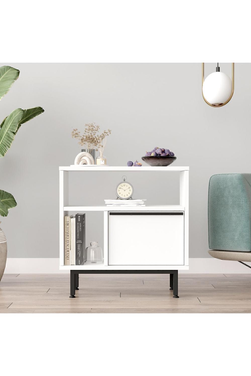 Table d’Appoint / Table de Chevet Bohem avec Porte, Pieds Métalliques – Blanc BOH6-W