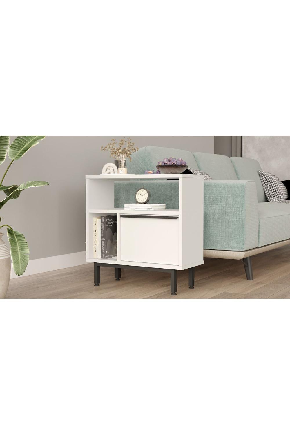 Table d’Appoint / Table de Chevet Bohem avec Porte, Pieds Métalliques – Blanc BOH6-W