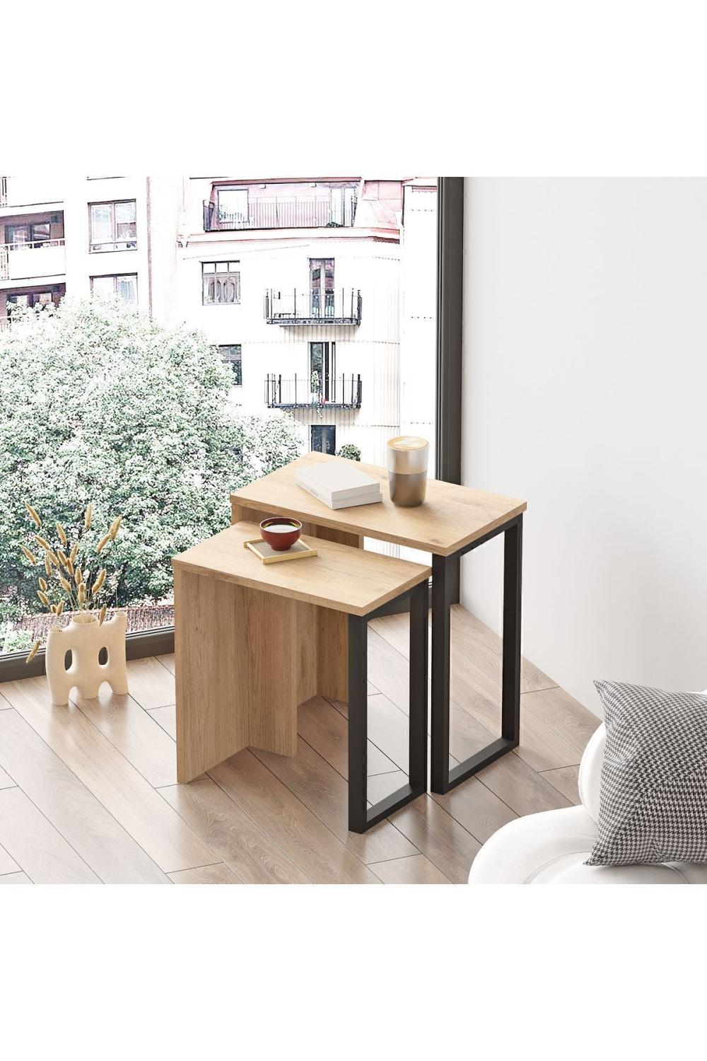 Set de Tables Gigognes Bohem (2 Pièces), Tables d’Appoint avec Pieds Métalliques – Finition Panier (Aspect Jute) BOH7-S