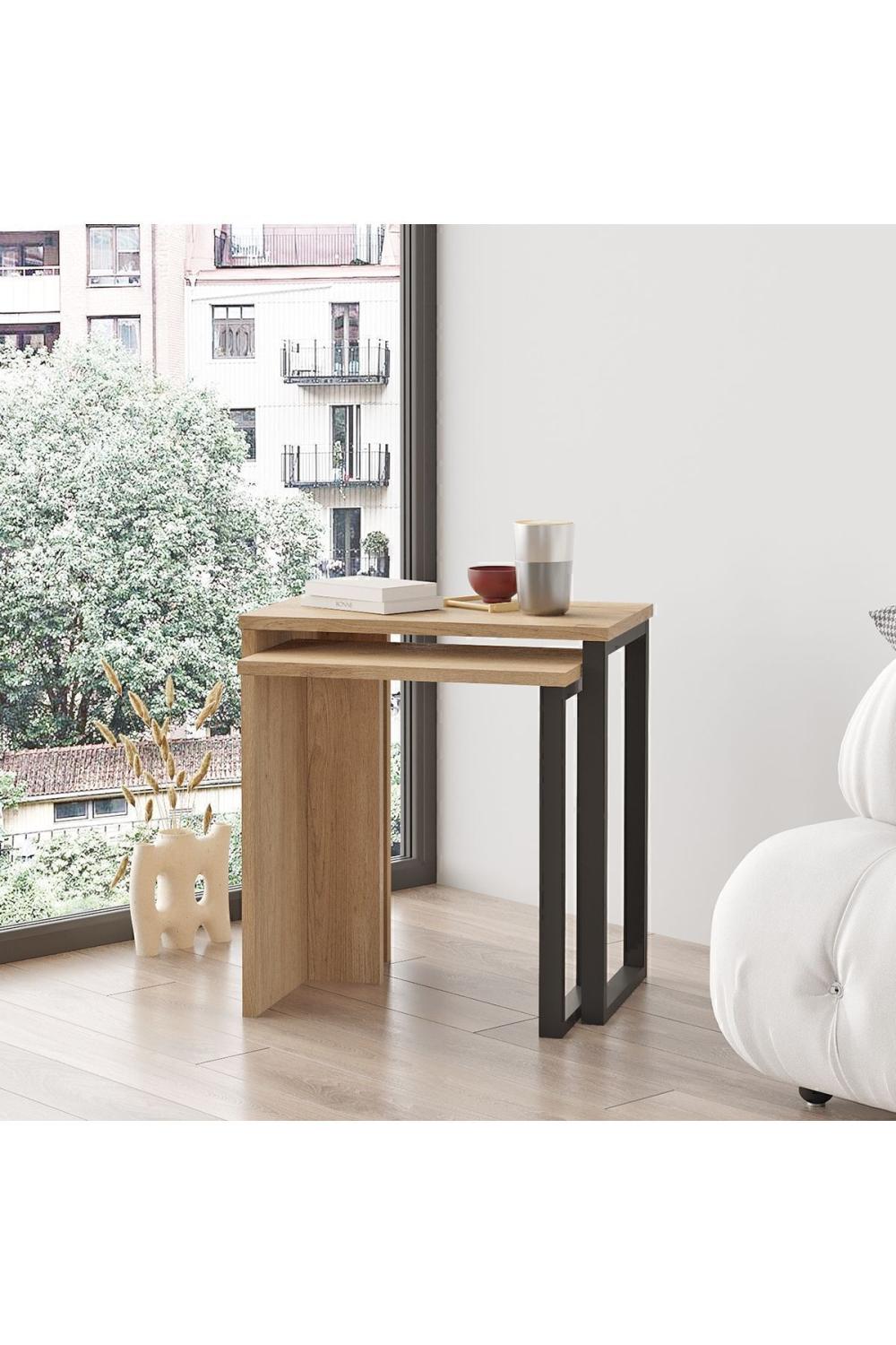 Set de Tables Gigognes Bohem (2 Pièces), Tables d’Appoint avec Pieds Métalliques – Finition Panier (Aspect Jute) BOH7-S