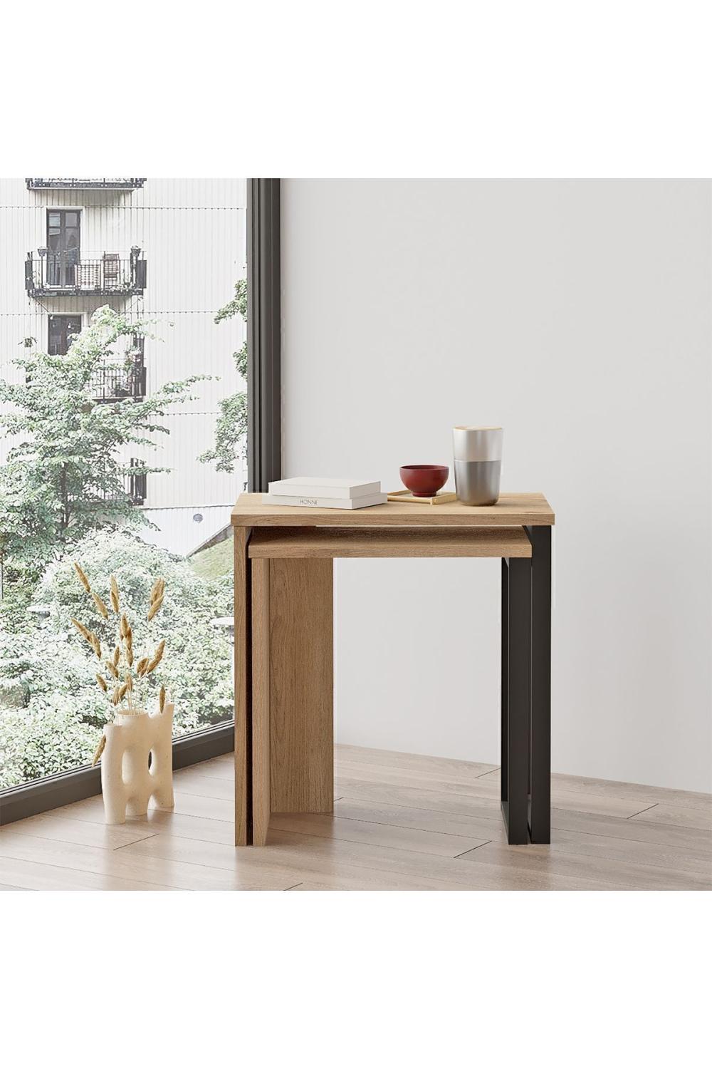 Set de Tables Gigognes Bohem (2 Pièces), Tables d’Appoint avec Pieds Métalliques – Finition Panier (Aspect Jute) BOH7-S