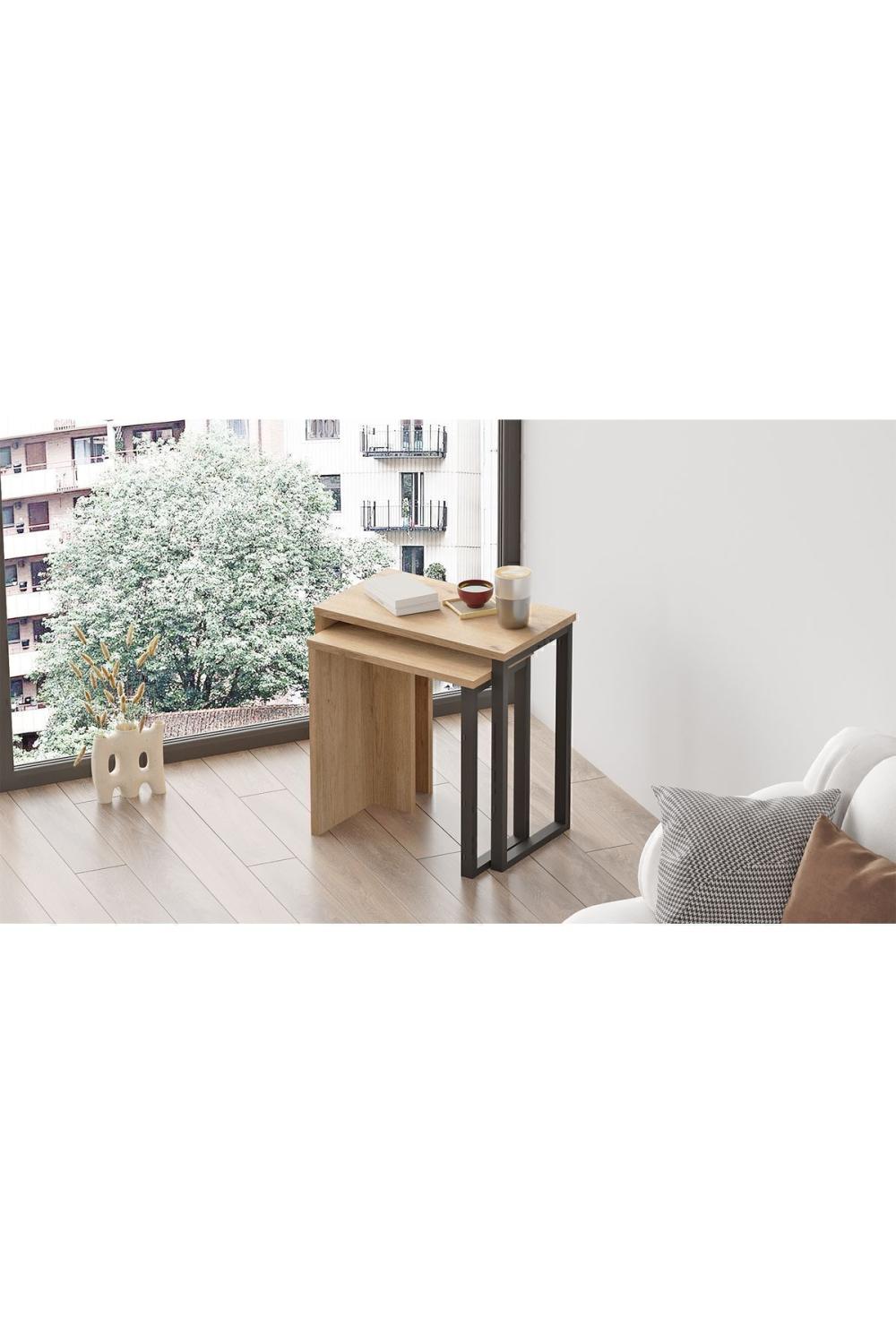 Set de Tables Gigognes Bohem (2 Pièces), Tables d’Appoint avec Pieds Métalliques – Finition Panier (Aspect Jute) BOH7-S