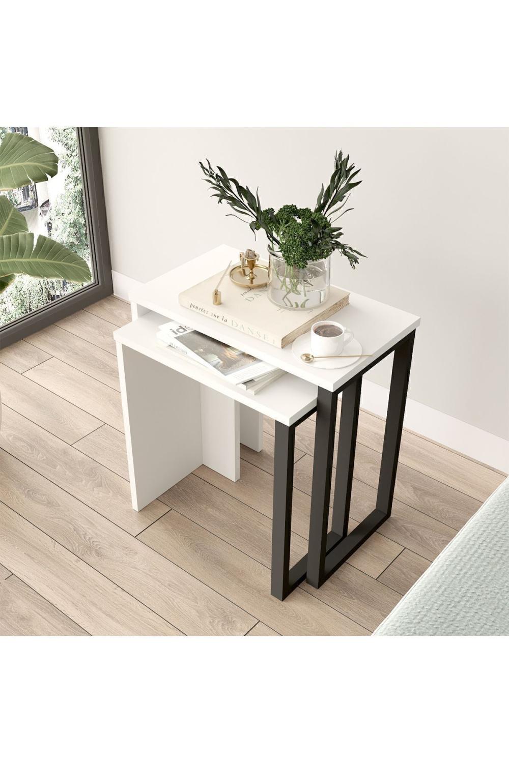 Set de Tables Gigognes Bohem (2 Pièces), Tables d’Appoint avec Pieds Métalliques – Blanc BOH7-W