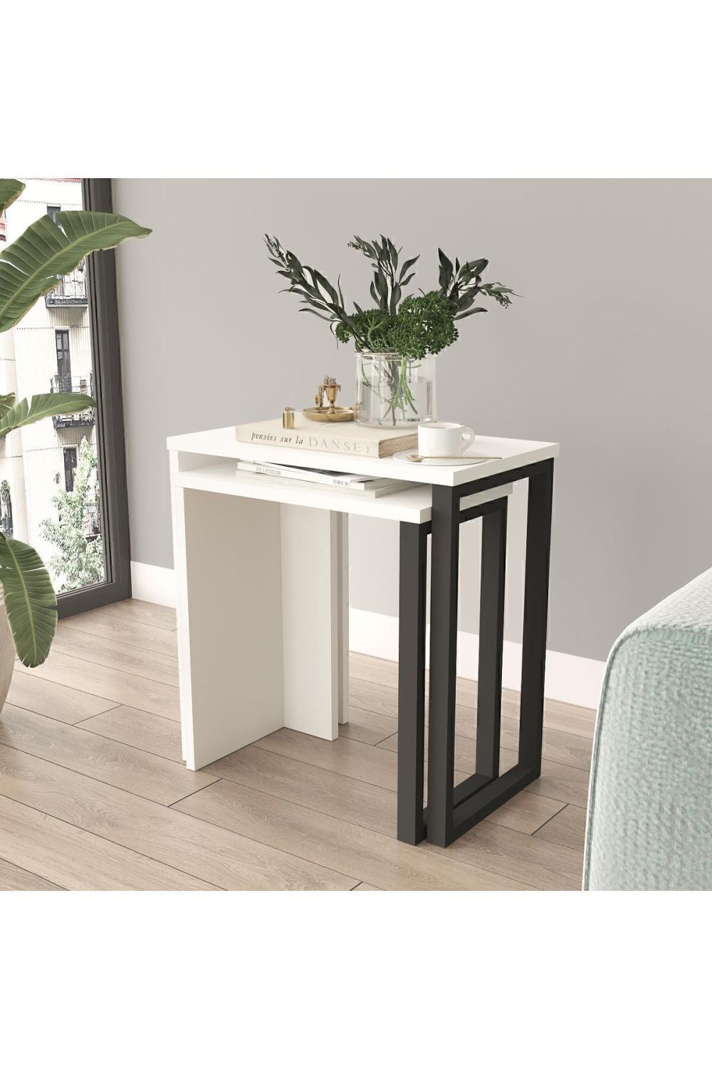 Set de Tables Gigognes Bohem (2 Pièces), Tables d’Appoint avec Pieds Métalliques – Blanc BOH7-W