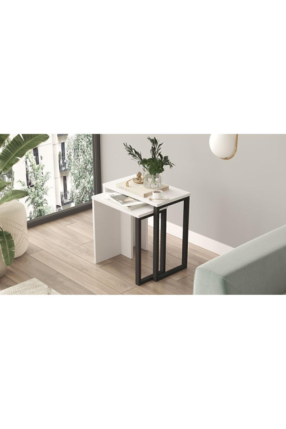 Set de Tables Gigognes Bohem (2 Pièces), Tables d’Appoint avec Pieds Métalliques – Blanc BOH7-W