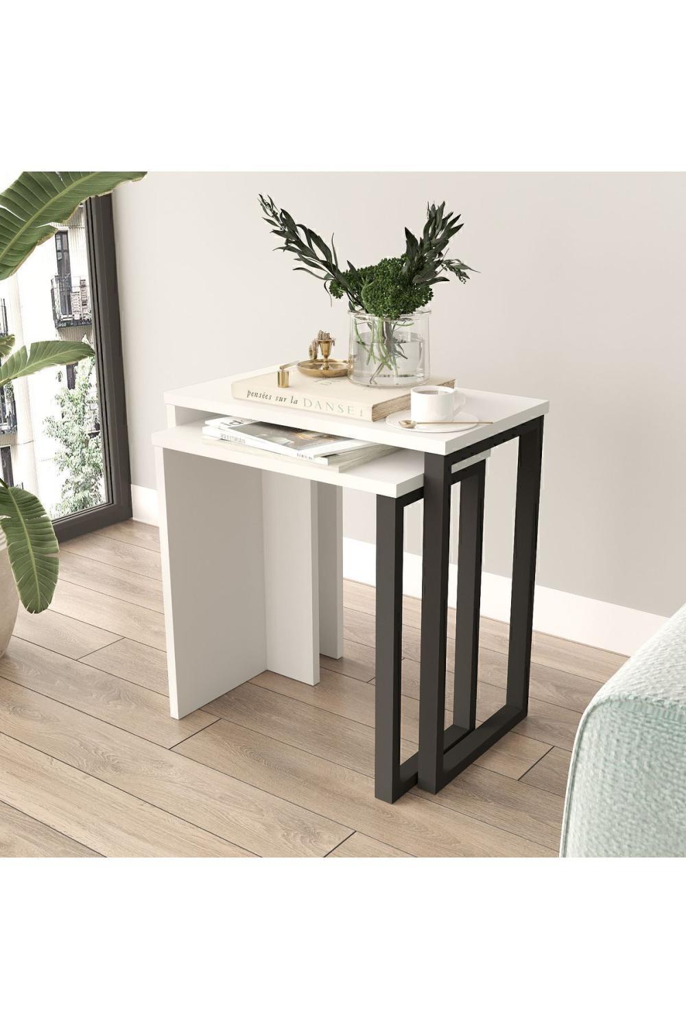 Set de Tables Gigognes Bohem (2 Pièces), Tables d’Appoint avec Pieds Métalliques – Blanc BOH7-W