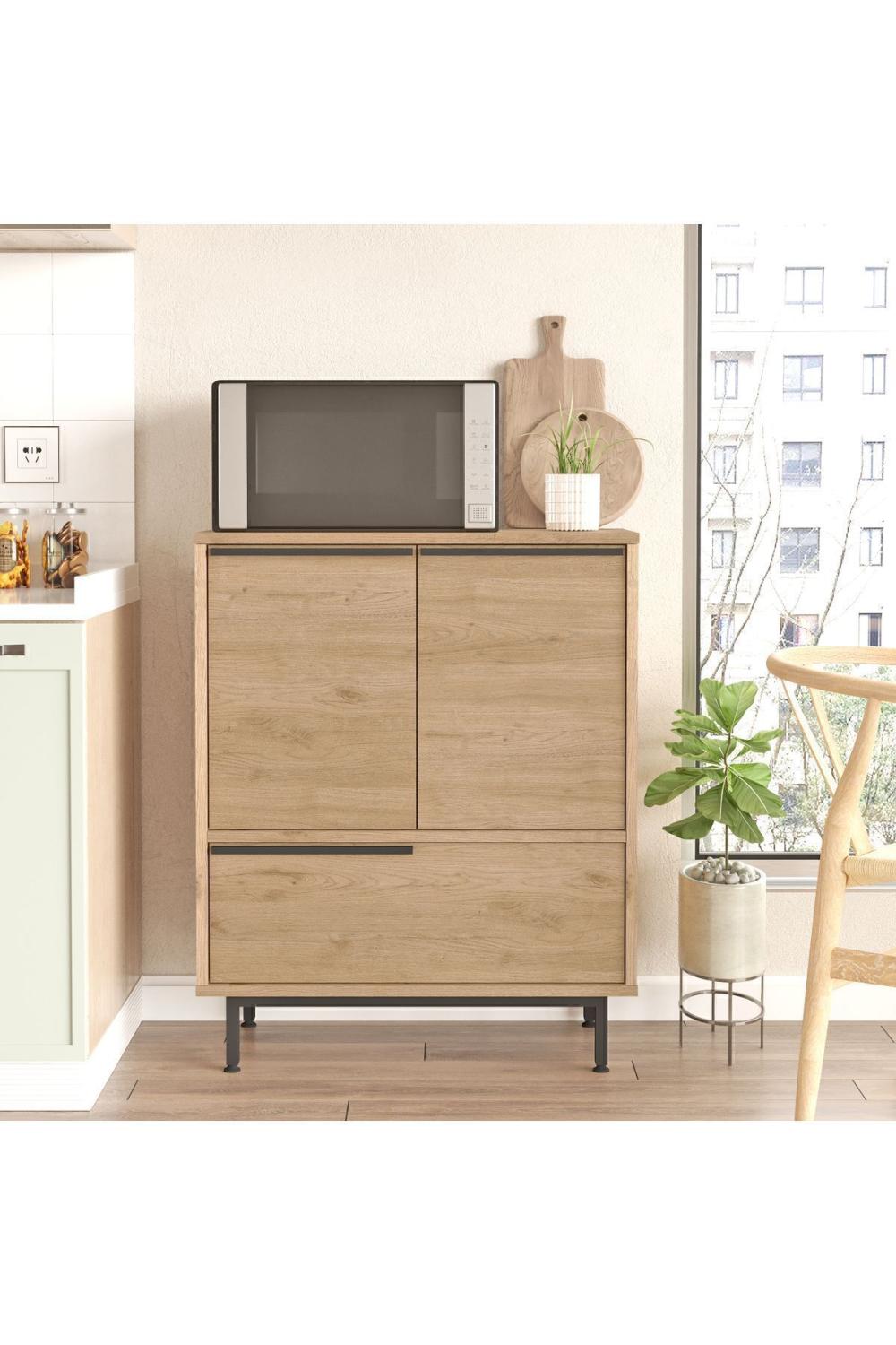 Meuble de Cuisine Bohem avec Espace Micro-ondes, 3 Portes, Pieds Métalliques – Finition Panier (Aspect Jute) BOH8A-S