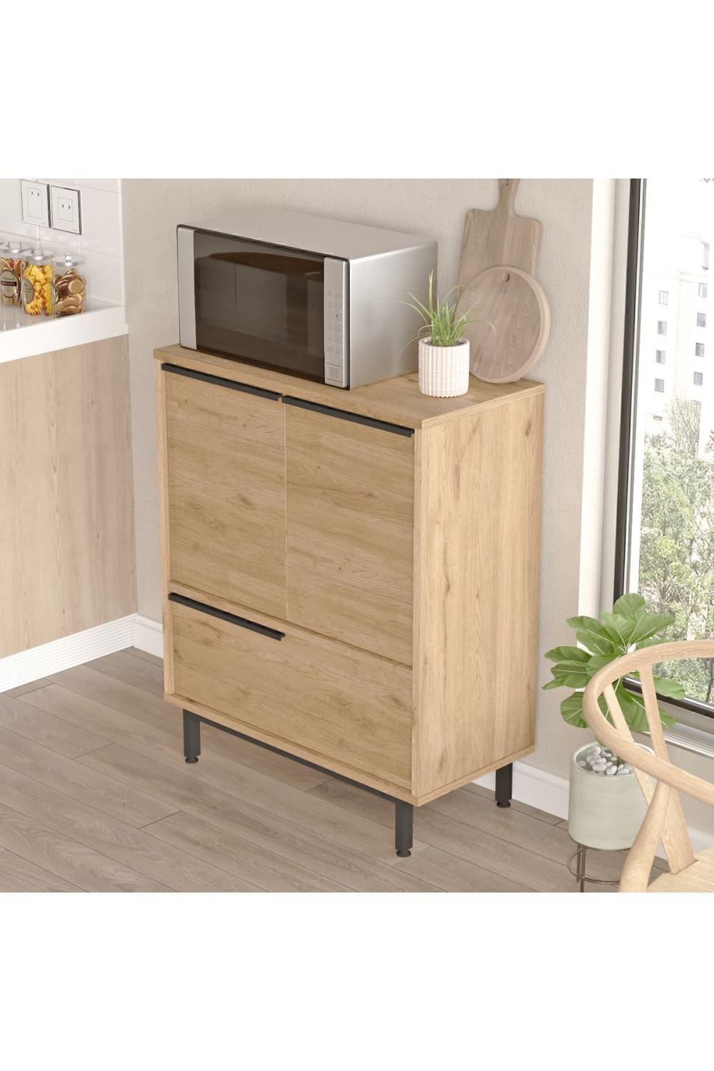 Meuble de Cuisine Bohem avec Espace Micro-ondes, 3 Portes, Pieds Métalliques – Finition Panier (Aspect Jute) BOH8A-S