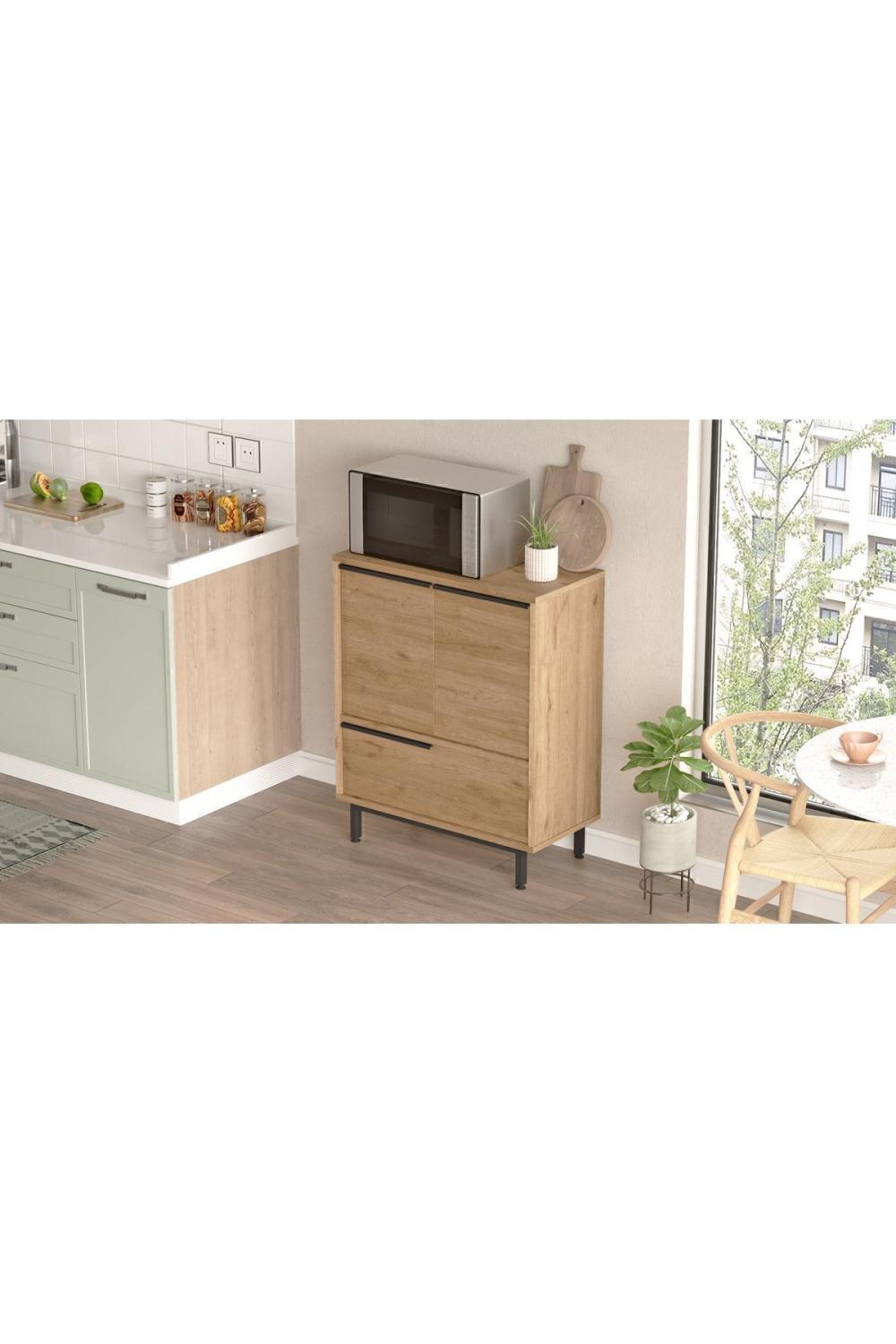 Meuble de Cuisine Bohem avec Espace Micro-ondes, 3 Portes, Pieds Métalliques – Finition Panier (Aspect Jute) BOH8A-S