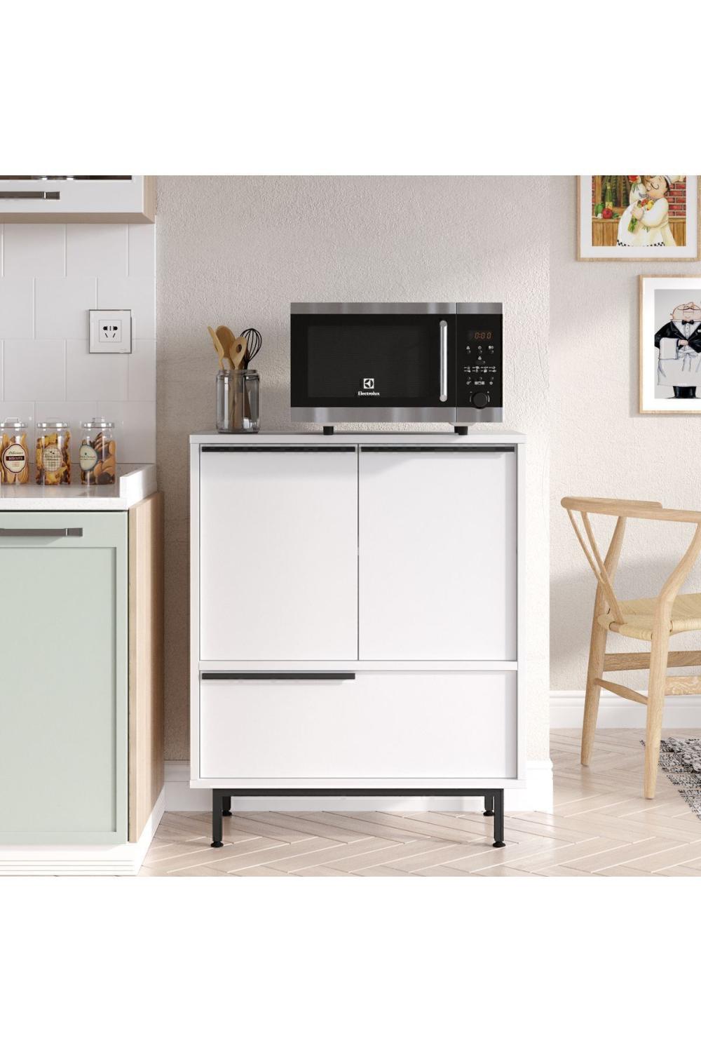 Meuble de Cuisine Bohem avec Espace Micro-ondes, 3 Portes, Pieds Métalliques – Blanc BOH8A-W