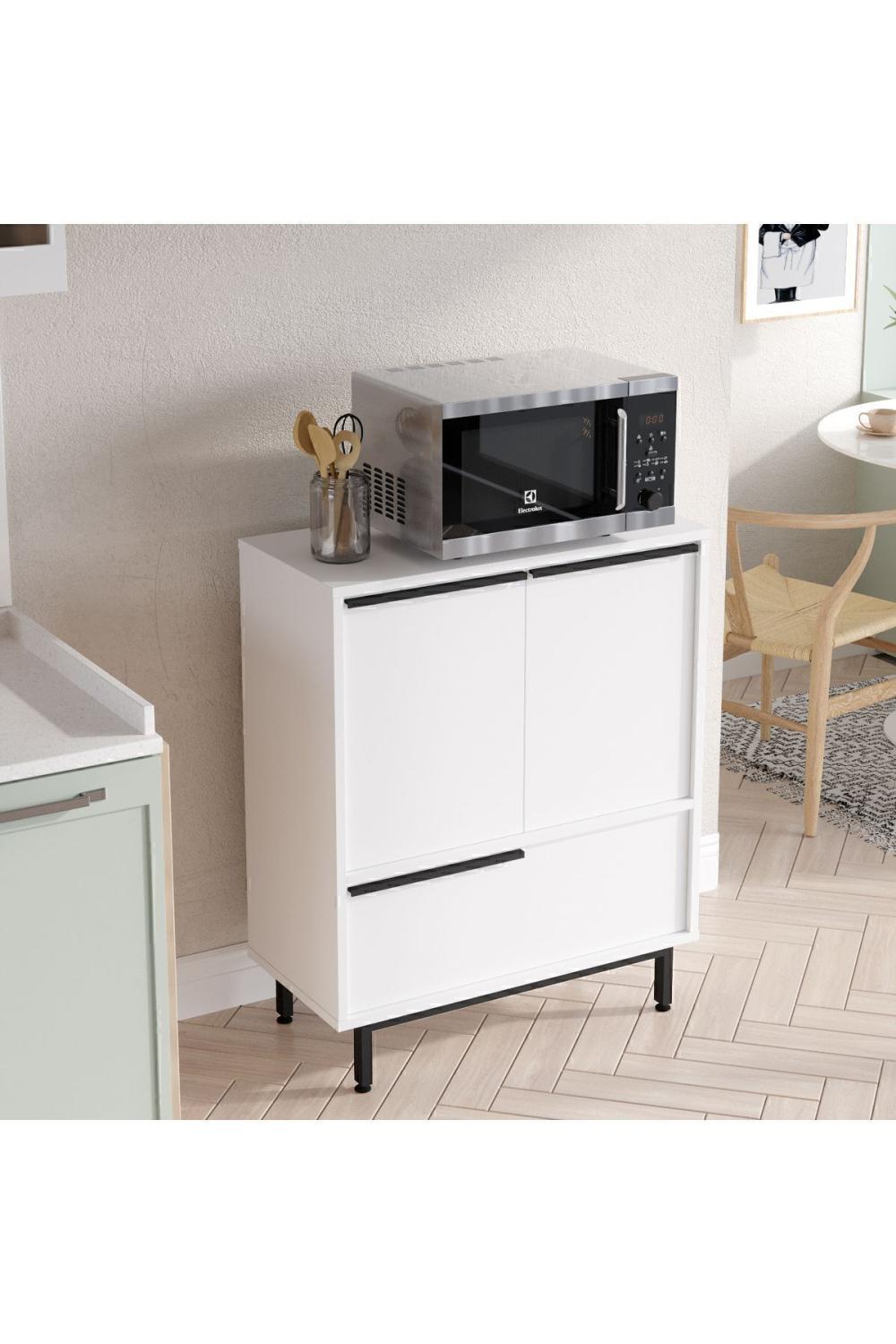 Meuble de Cuisine Bohem avec Espace Micro-ondes, 3 Portes, Pieds Métalliques – Blanc BOH8A-W