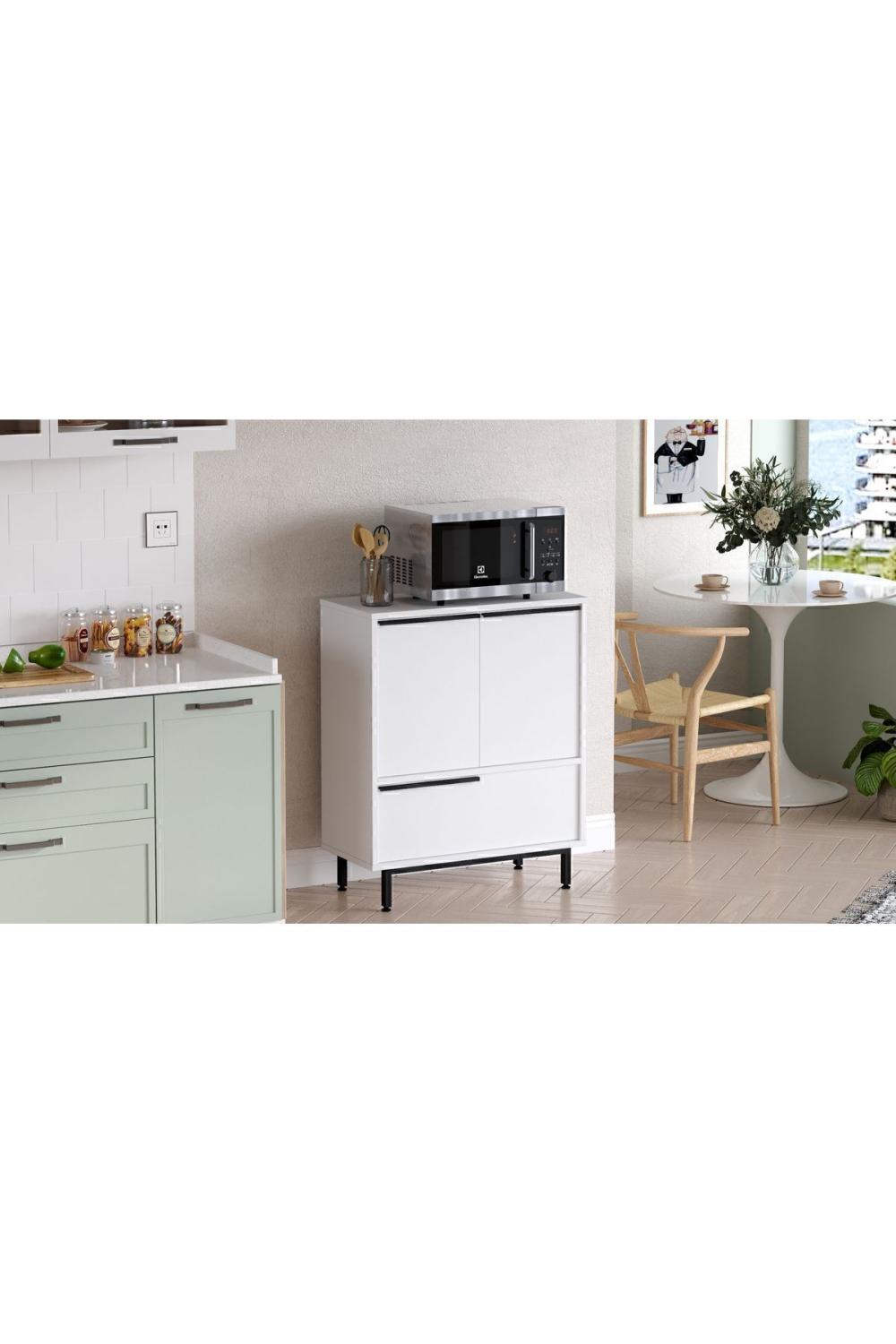 Meuble de Cuisine Bohem avec Espace Micro-ondes, 3 Portes, Pieds Métalliques – Blanc BOH8A-W