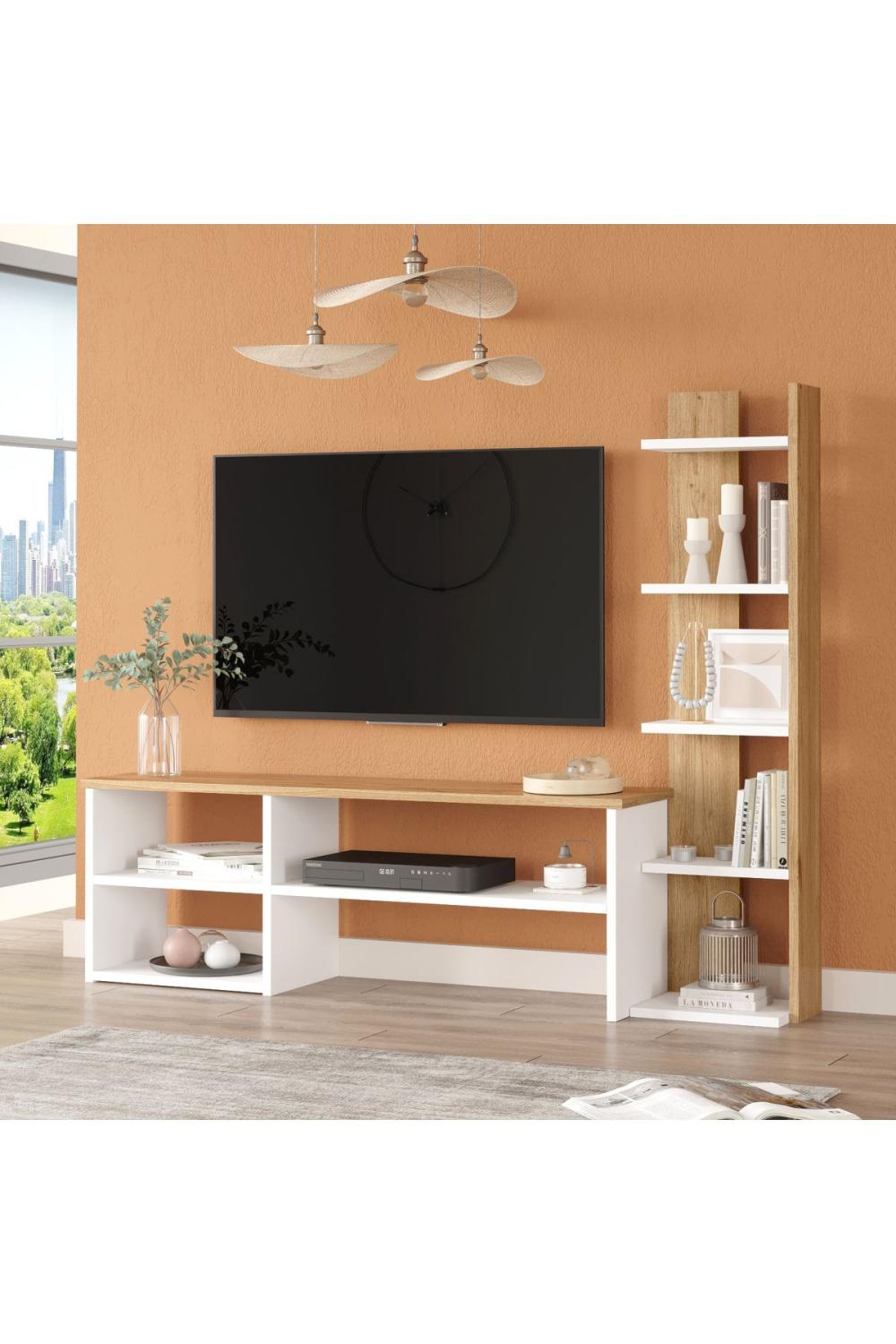 Meuble TV Dore avec Bibliothèque et Rangement – Blanc & Panier DOR2-WS
